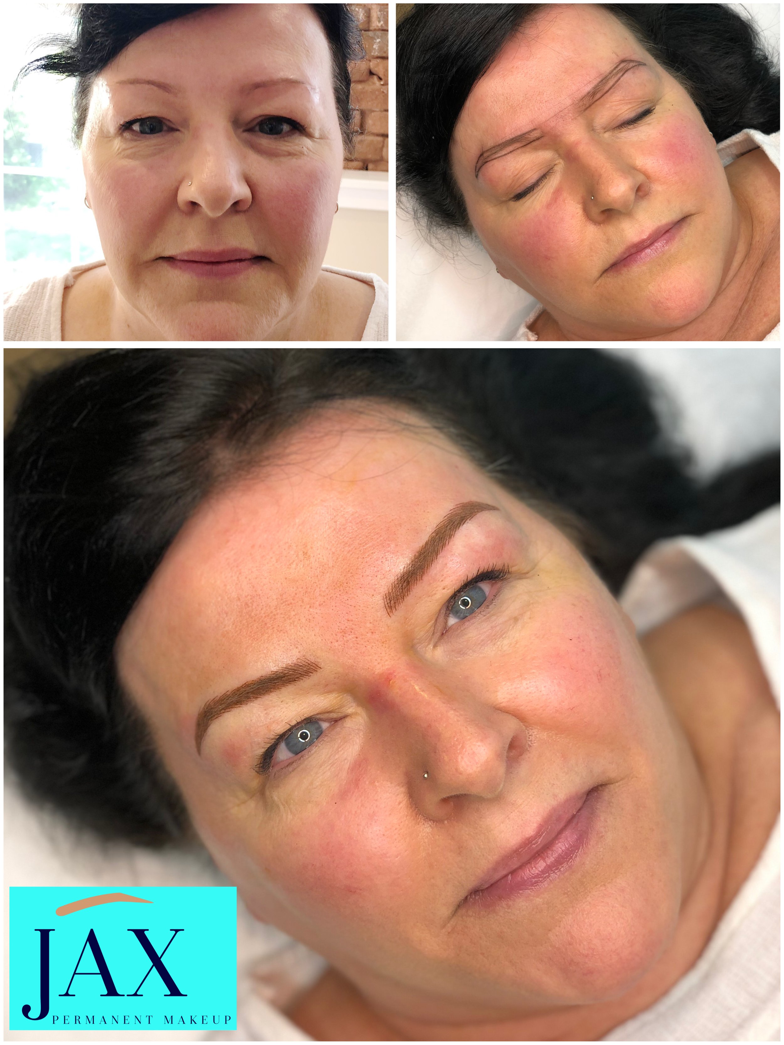 A woman in three photos, showing her face before and after a permanent makeup procedure. The first image shows her natural face with minimal makeup, the second shows her with eyebrows drawn in, and the third shows her with fully permanent, defined ey