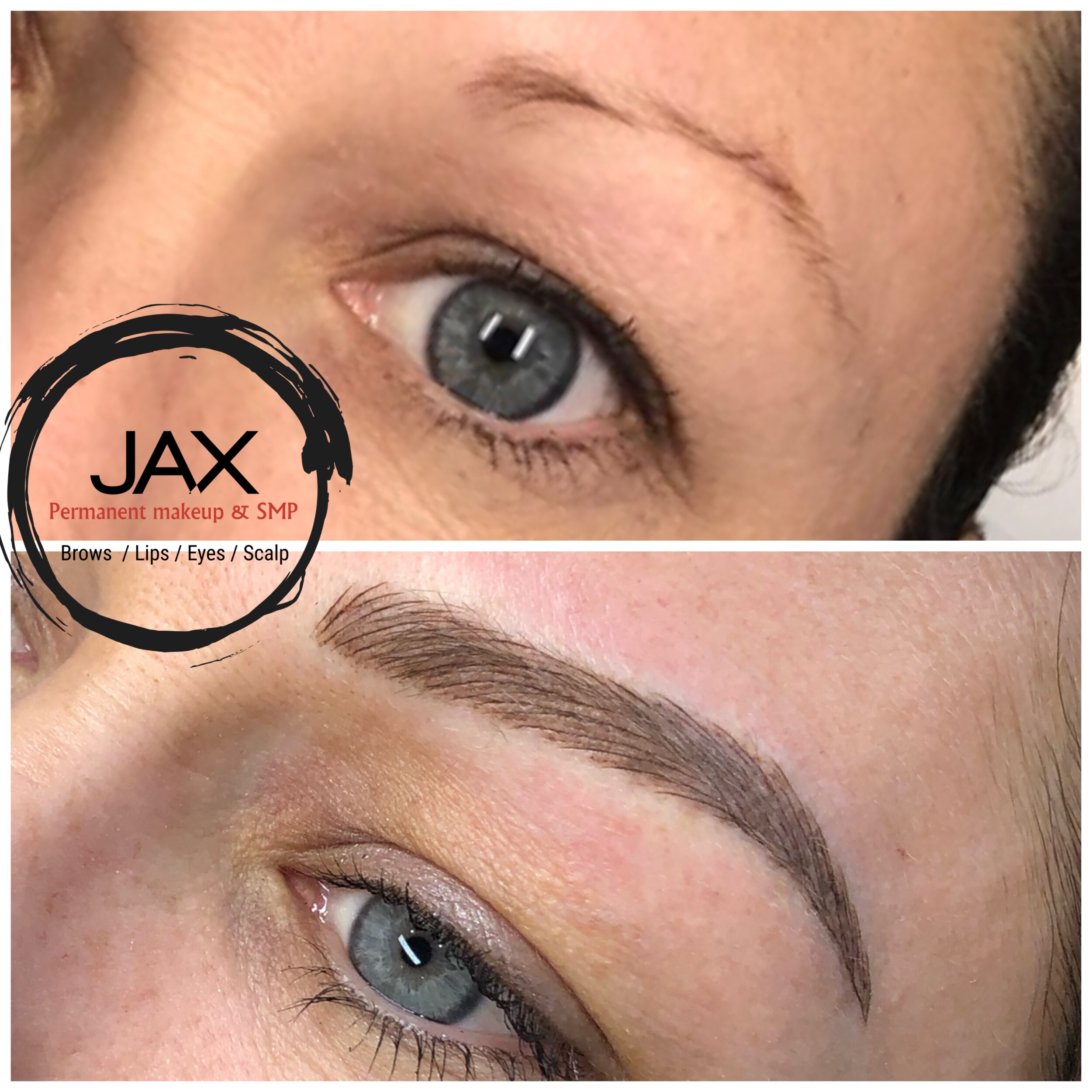Close-up of a woman's eye and eyebrow before and after permanent makeup application, showing enhanced eyebrow shape and definition.