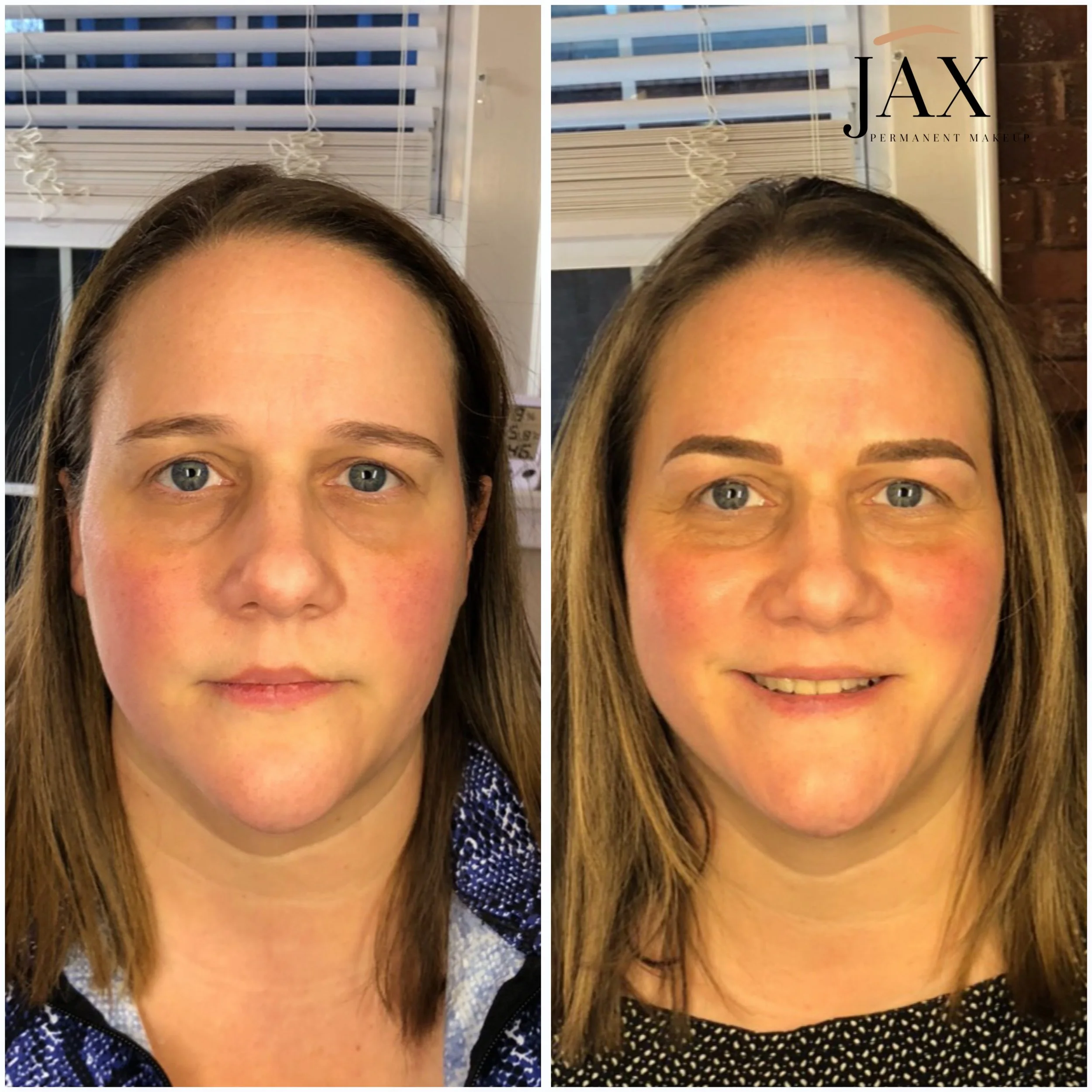 Before and after images of a woman showing the results of permanent makeup, with the right side featuring defined eyebrows.
