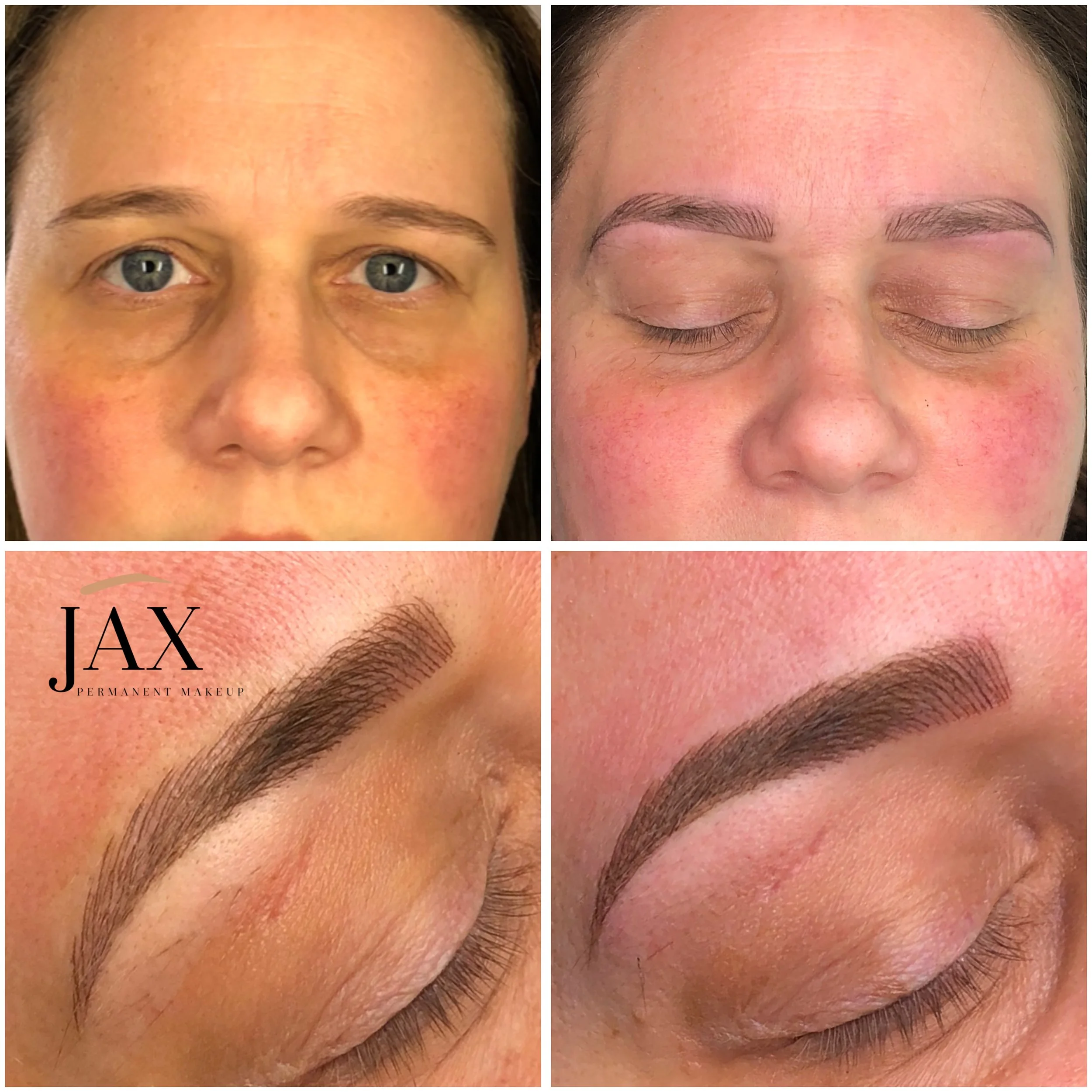 Before and after photos of a woman's face showing her natural and newly microbladed eyebrows. The lower images focus on the detailed, dark, and well-shaped eyebrows, with the left showing the eyebrows with marks for the procedure and the right showin