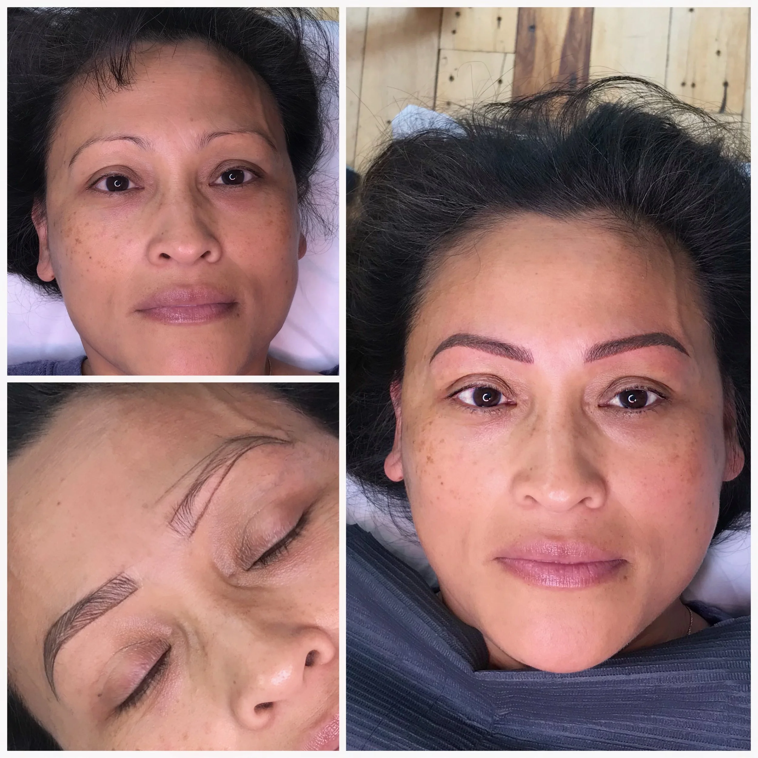 Before and after images of a woman showing her face, highlighting eyebrow tattoos and skin improvements.