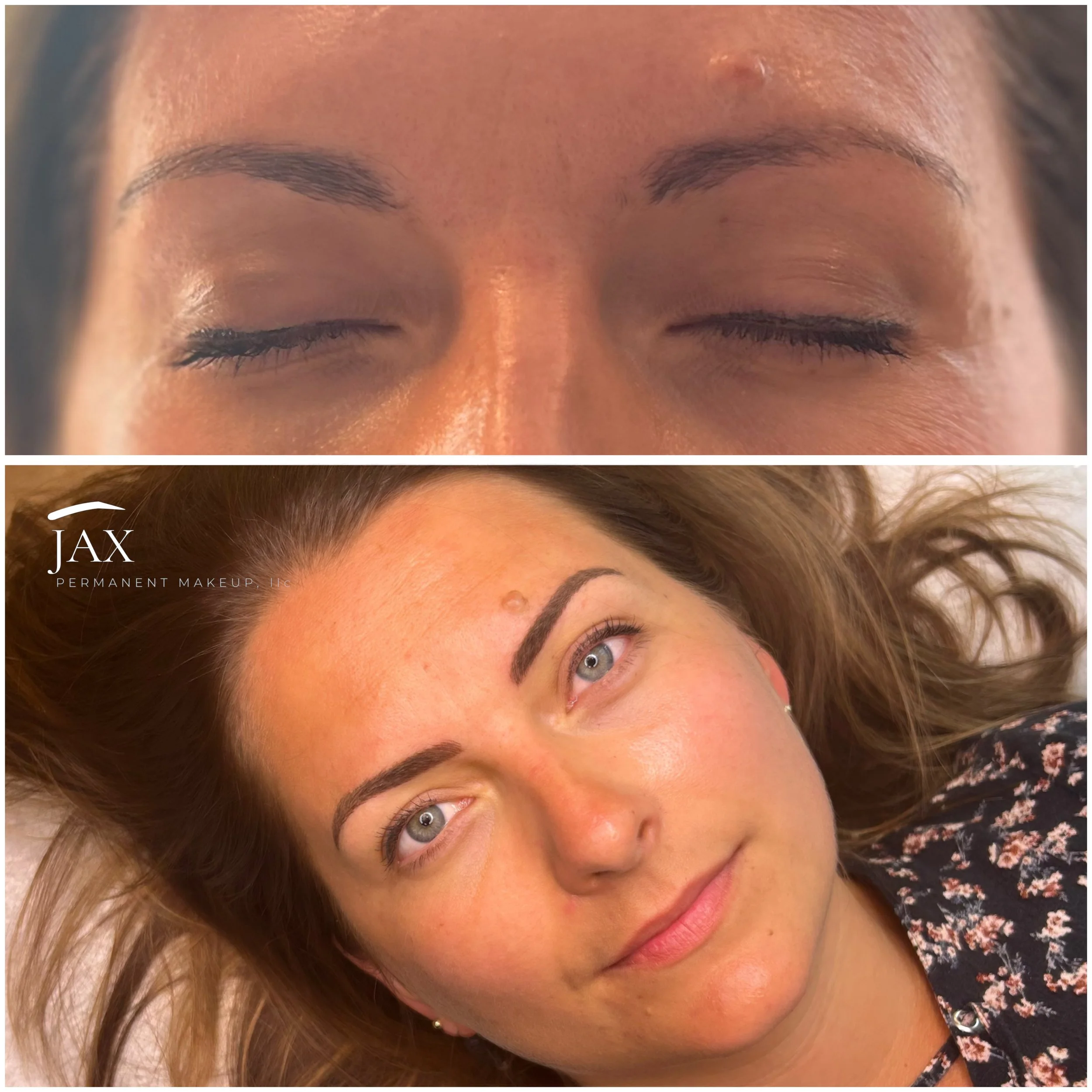Comparison of a woman's face before and after permanent makeup; top image shows her with natural eyebrows and closed eyes, bottom image shows her with freshly done, darker, more defined eyebrows, and her eyes open.