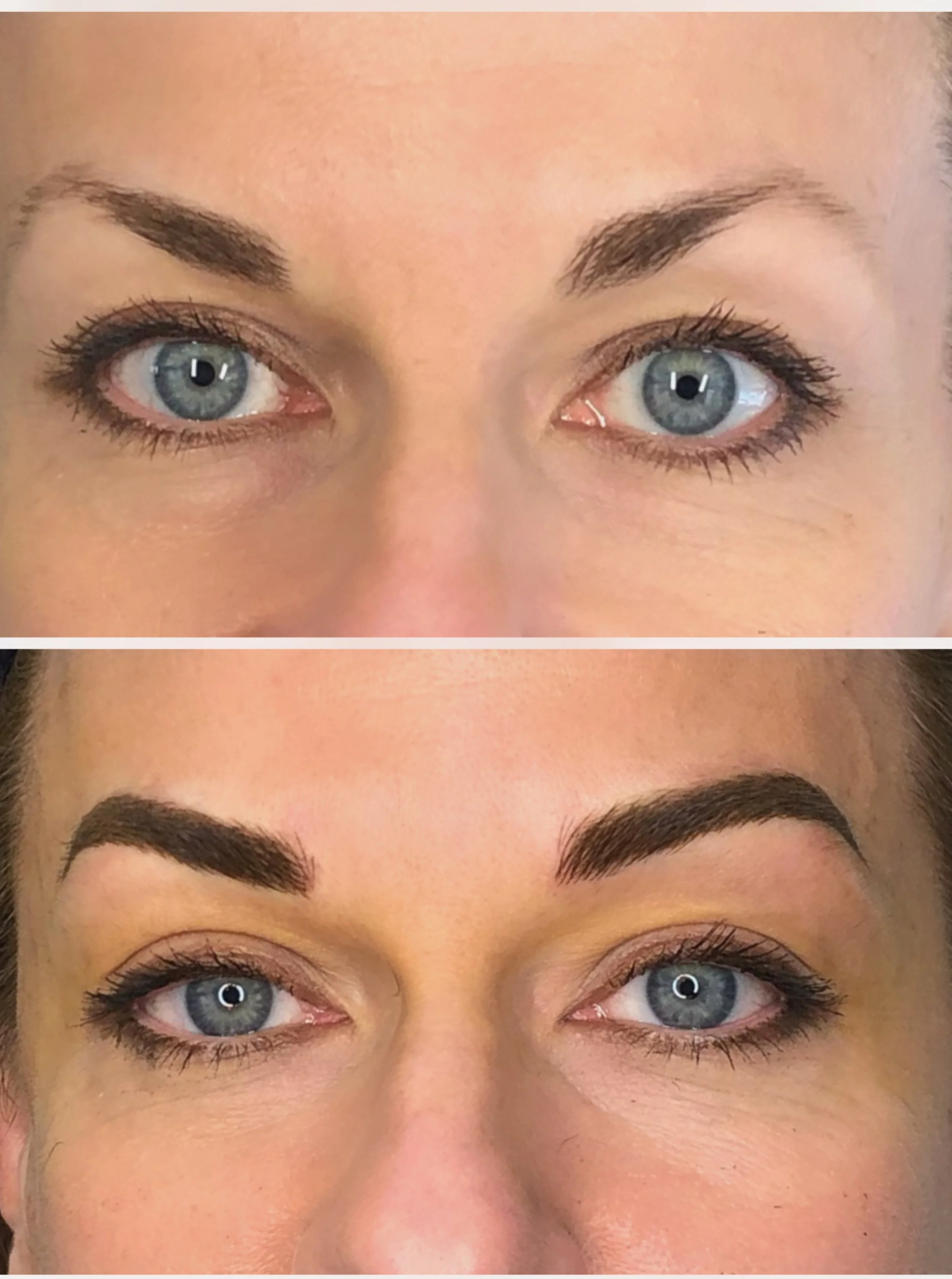 Comparison of a woman's eye makeup before and after eyebrow enhancement, showing natural eyebrows in the top image and filled-in, shaped eyebrows in the bottom image.