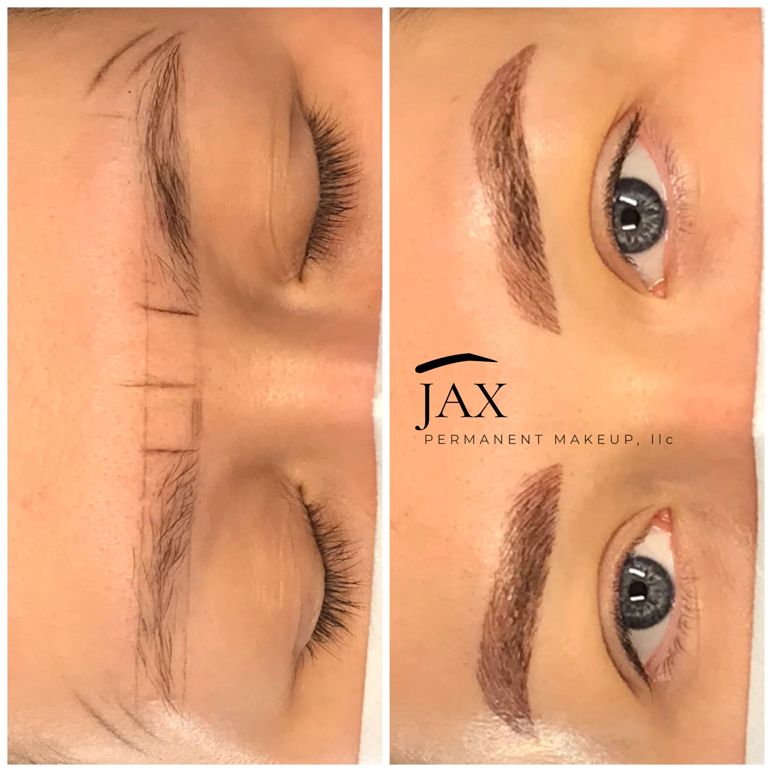 Side-by-side comparison in a beauty clinic showing before and after eyebrow microblading, with a logo for JAX Permanent Makeup.