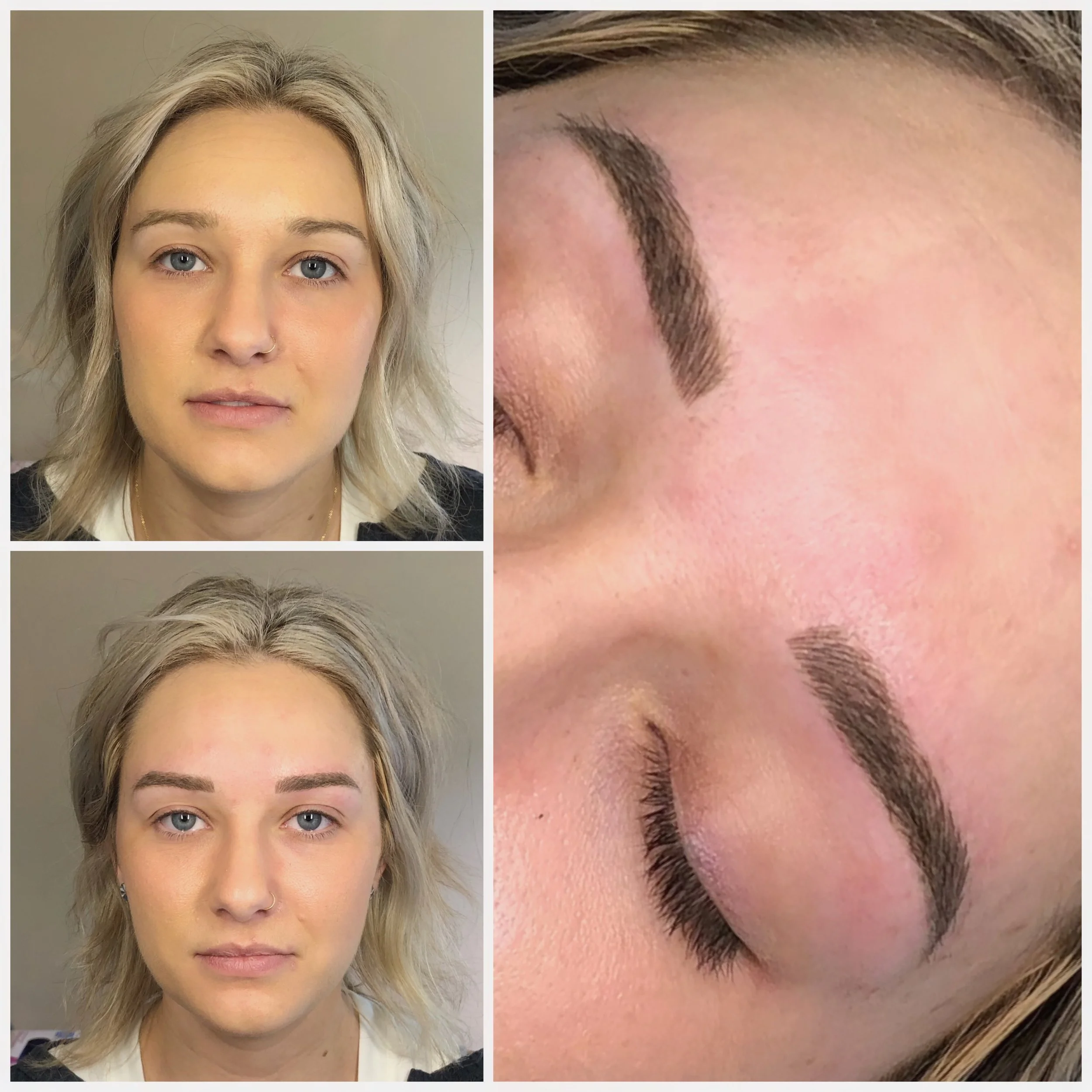 A collage of three images showing a woman's face before and after eyebrow microblading. The top left image shows her with natural eyebrows, and the bottom left shows her with newly microbladed, fuller eyebrows. The right side of the collage shows clo