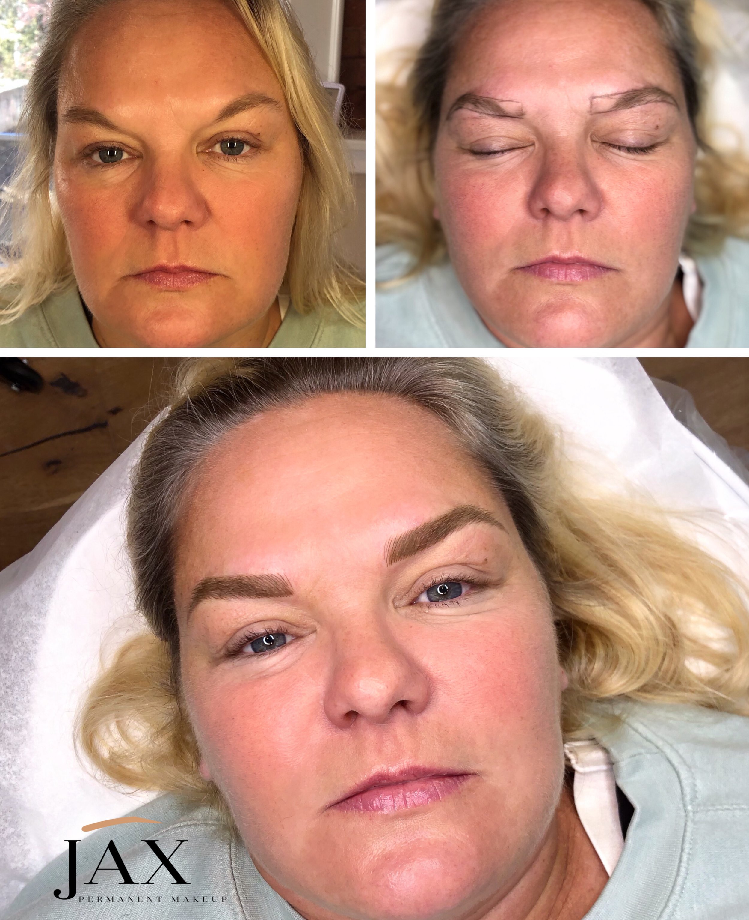 Three images showing a woman before and after a permanent makeup eyebrow procedure. The top left shows her face without makeup, top right shows her with thin eyebrows, and the bottom shows her with full, well-defined eyebrows after the procedure.