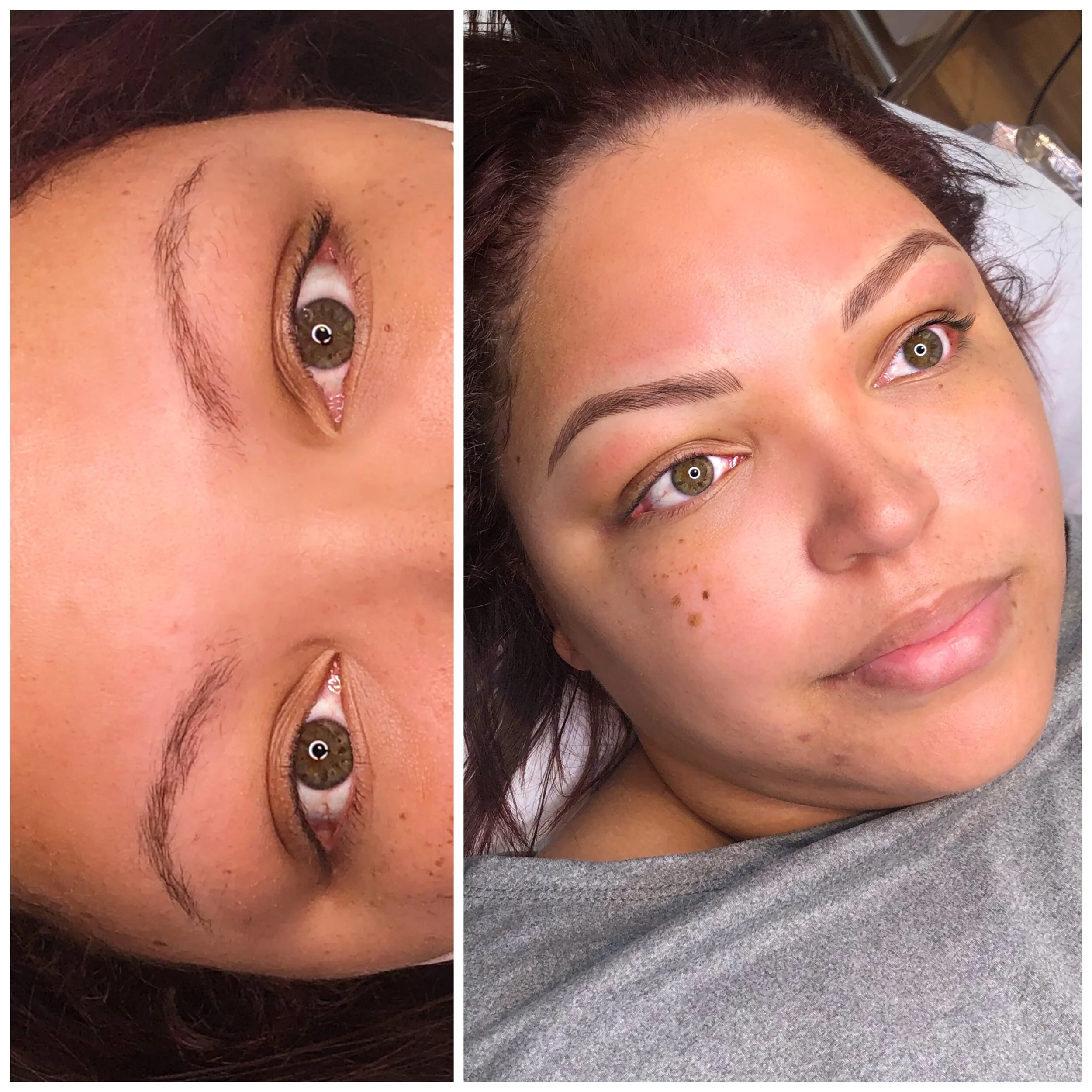 Before and after photos of a woman's face showing the results of her getting her eyebrows shaped and filled in, with the second image showing a more defined eyebrow appearance.