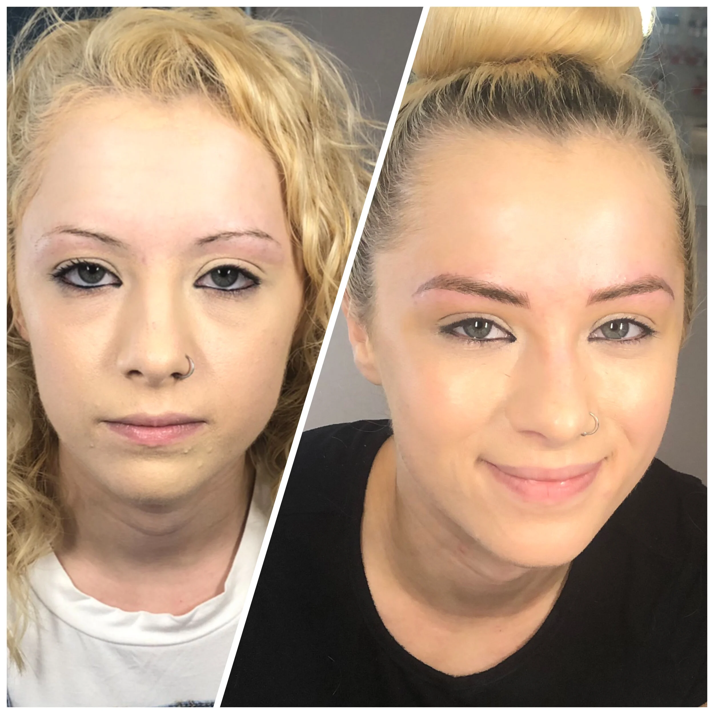 Side-by-side comparison of a woman before and after a makeover, showing her with curly blond hair and light skin in the before photo, and with her hair in a high bun, smooth skin, and a slight smile in the after photo.