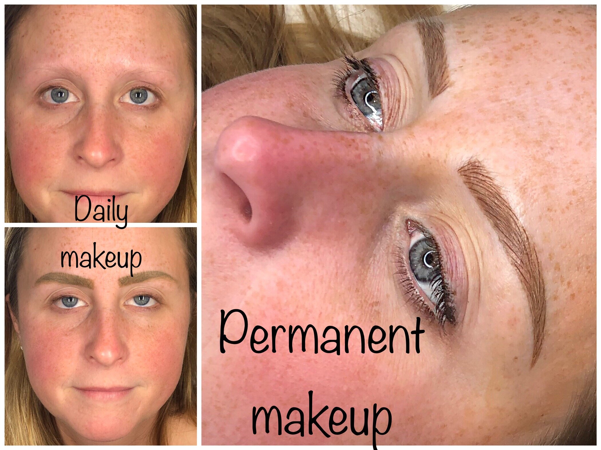 Comparison of a woman's face before and after permanent makeup, showing natural appearance initially, then with eyebrows filled in, and a close-up of eyebrows and eye makeup.