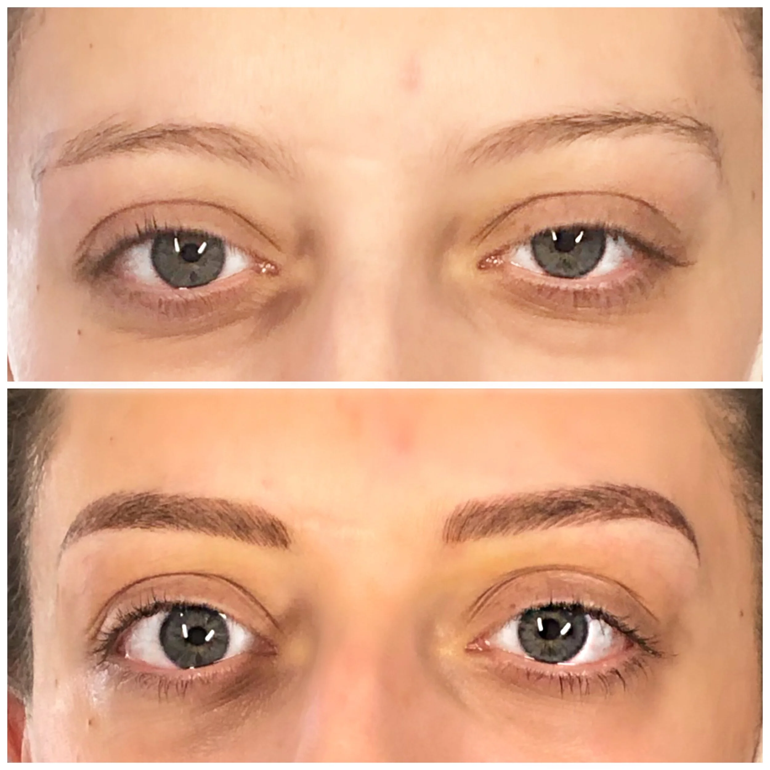 Before and after close-up of a woman's eyes and eyebrows, showing eyebrow enhancement or makeup application.