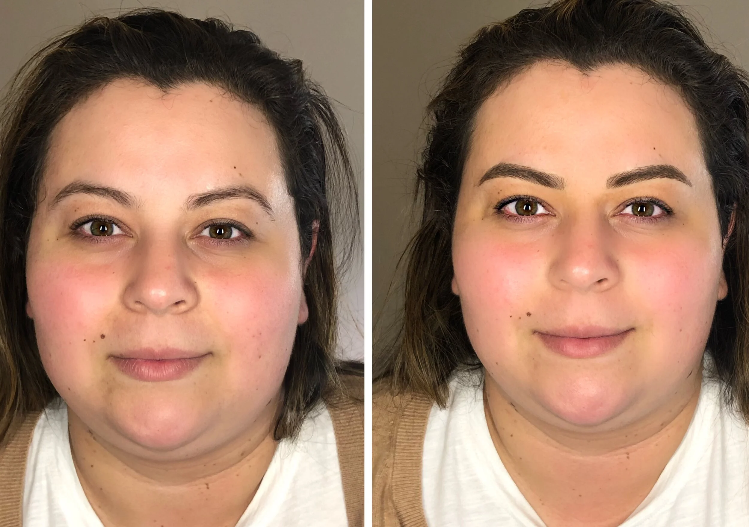 Comparison of two side-by-side close-up portraits of a woman before and after cosmetic improvement, with improved eyebrows, makeup, and facial appearance.