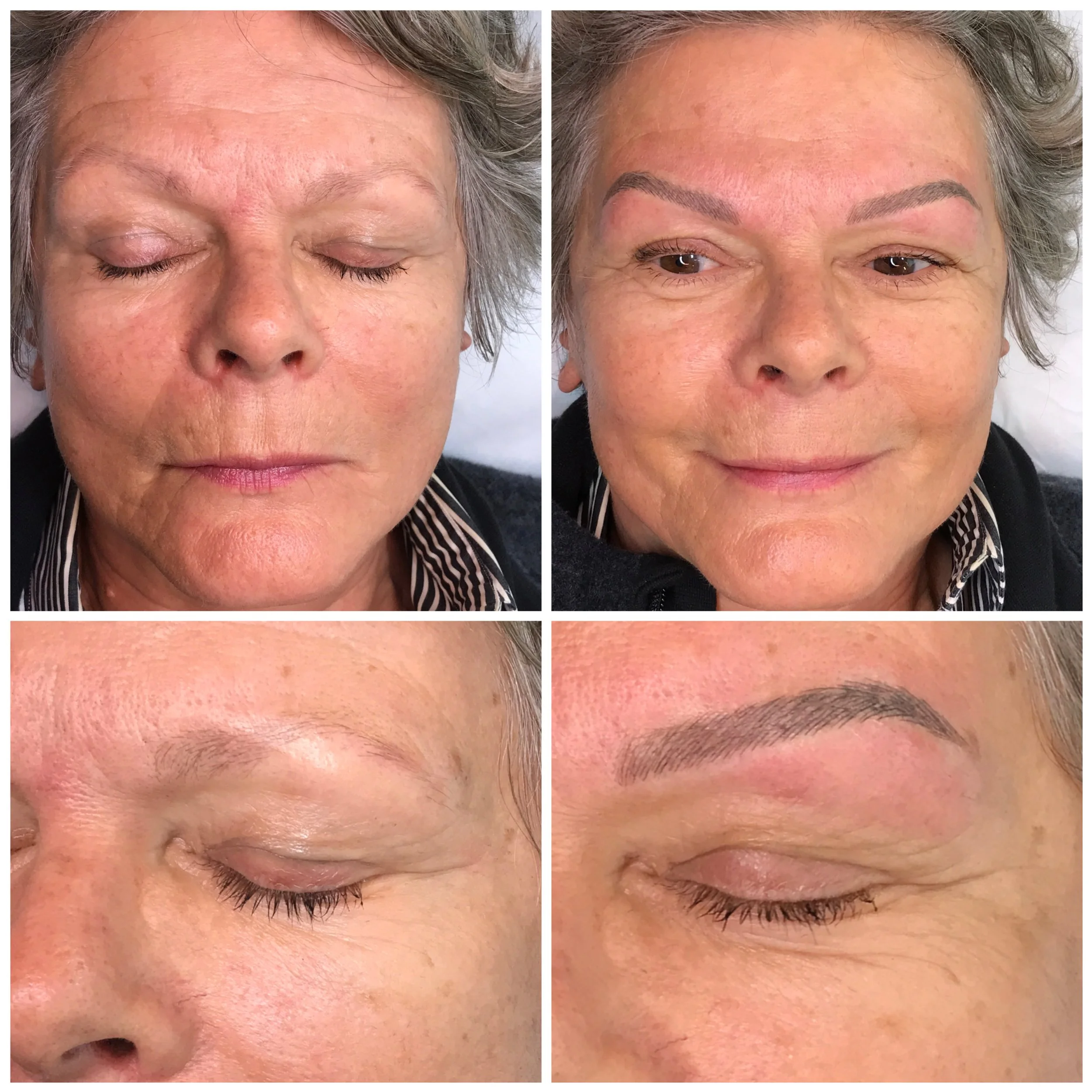 Before and after images of a woman receiving eyebrow microblading, showing the transformation from sparse eyebrows to well-defined, filled-in eyebrows.