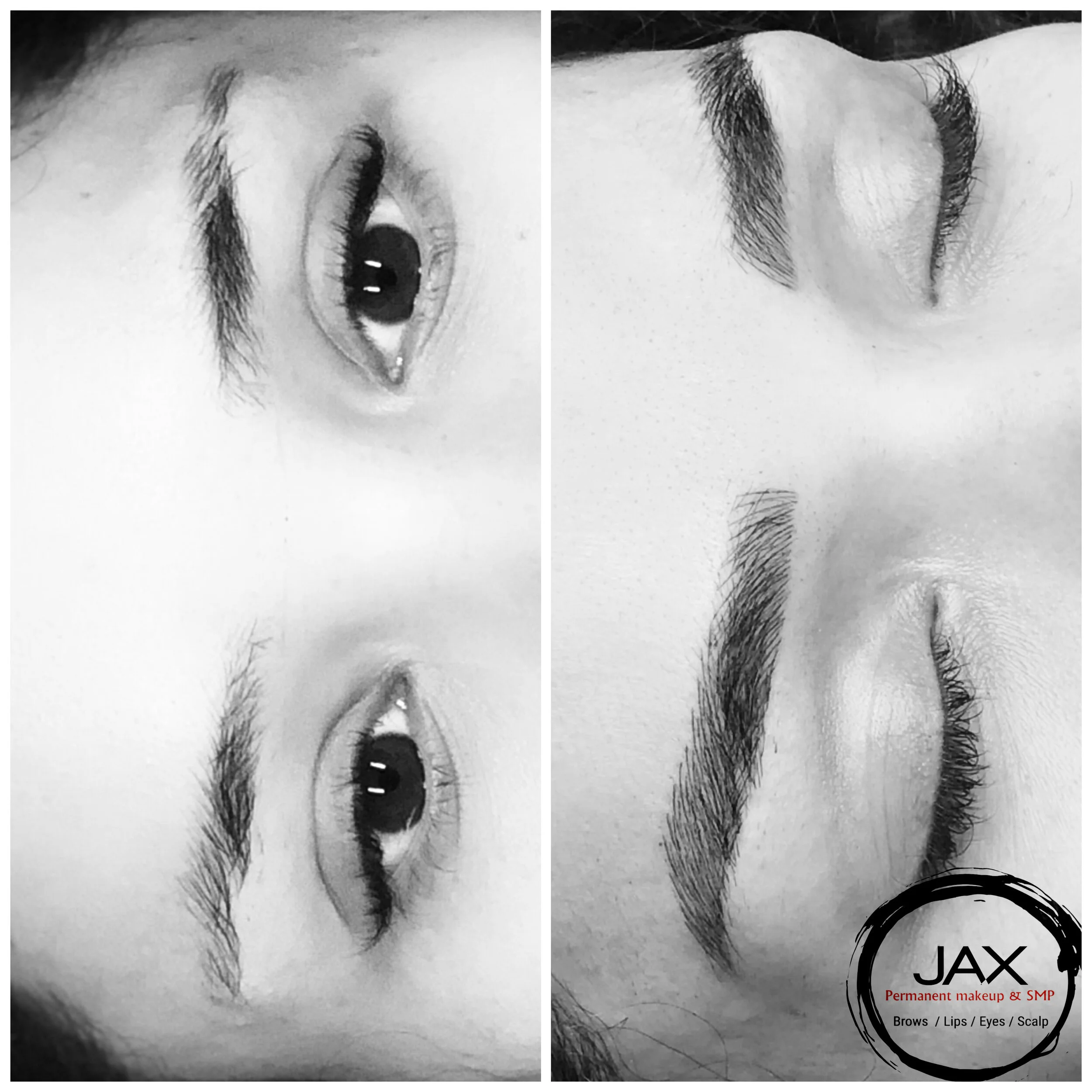 Close-up black and white photo of a person's face showing before and after results of eyebrow microblading.