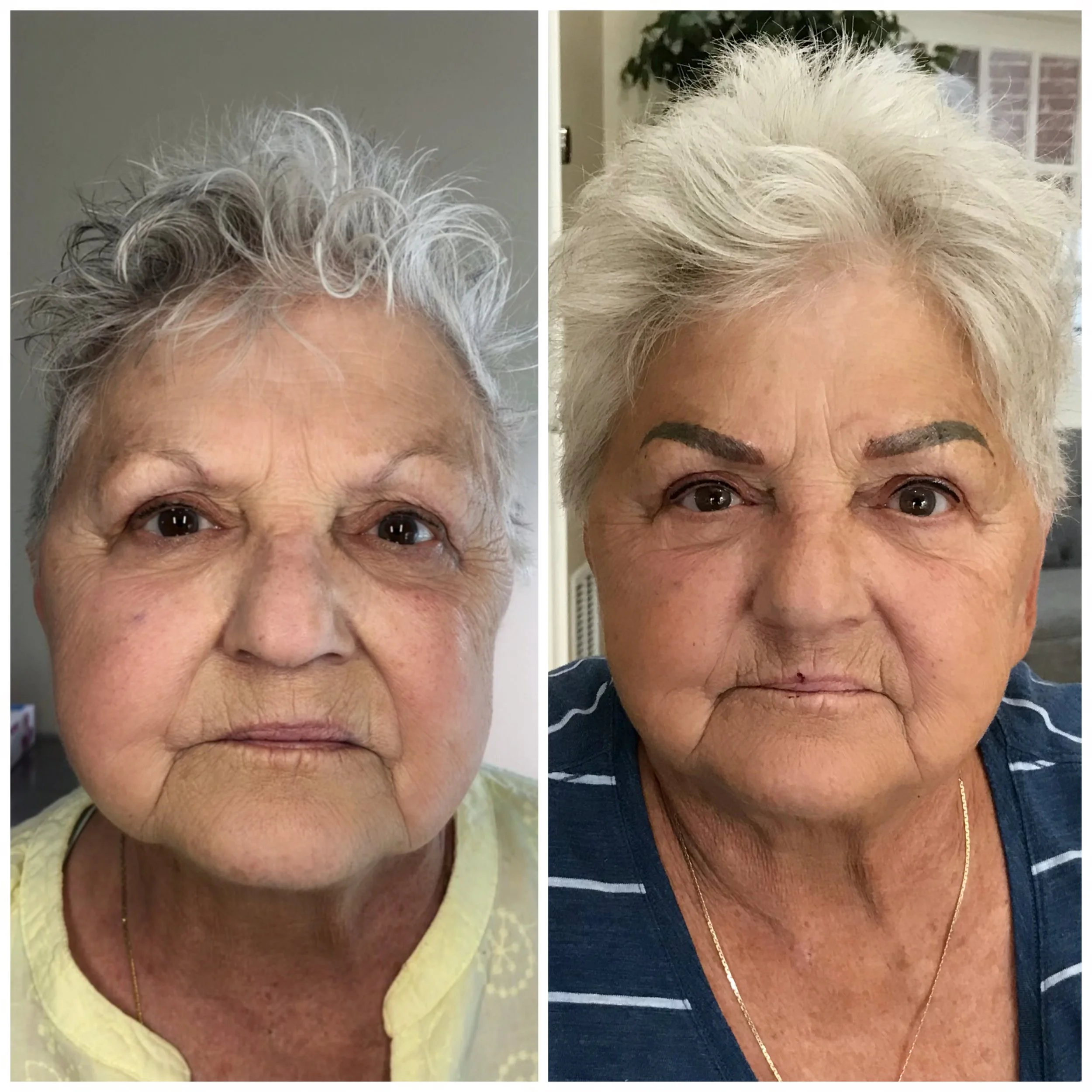 Side-by-side comparison of an elderly woman before and after makeup and styling. The left image shows her with minimal makeup, gray hair, and a yellow top, while the right image shows her with styled white hair, makeup, eyebrows filled in, and wearin