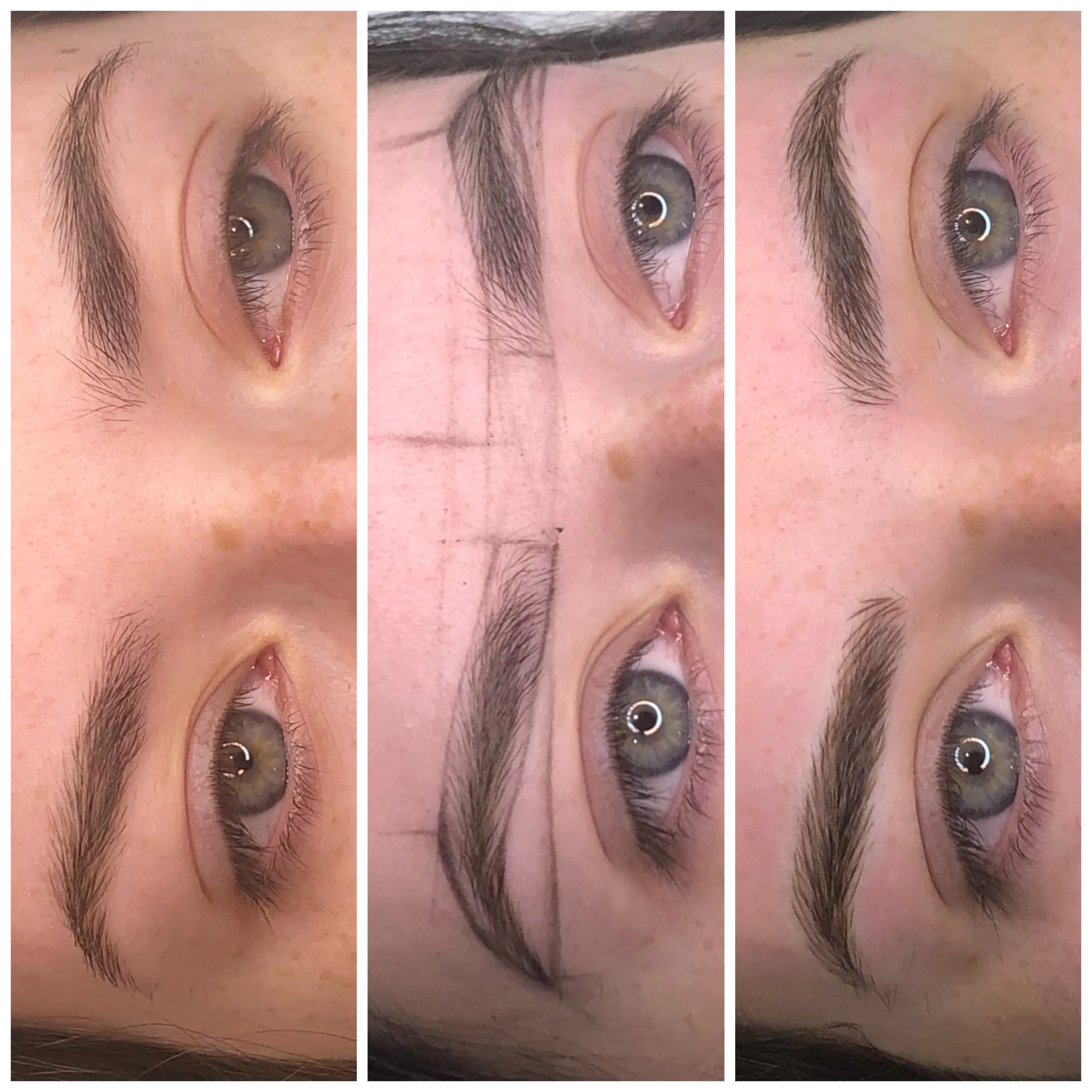 Close-up of a person's eyebrows before, during, and after eyebrow grooming or microblading, with guiding markings and natural skin visible.