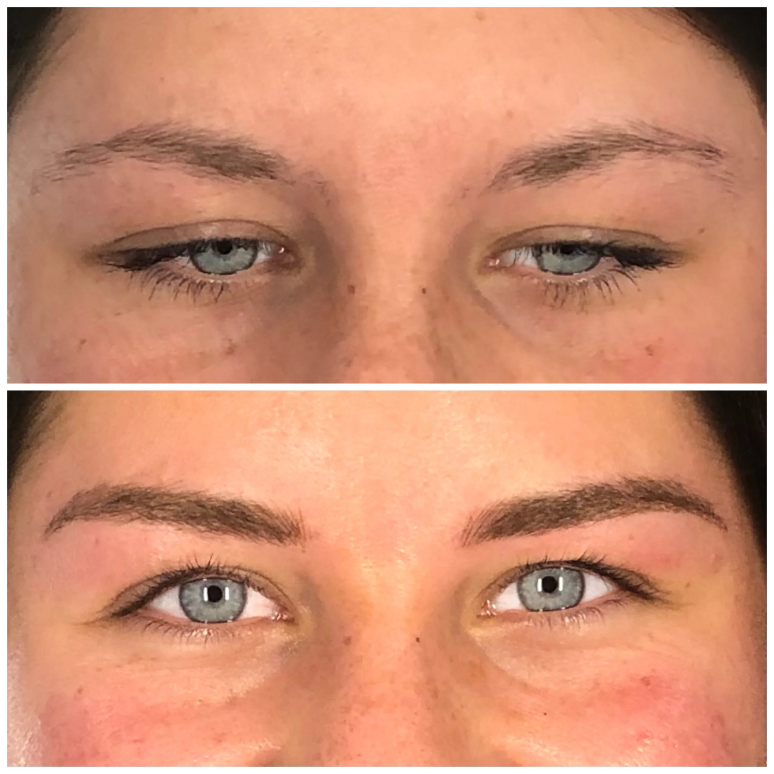 Comparison of a person's eyes before and after makeup application. The top image shows sparse eyebrows and slightly tired eyes, while the bottom image shows well-defined eyebrows and bright, open eyes.