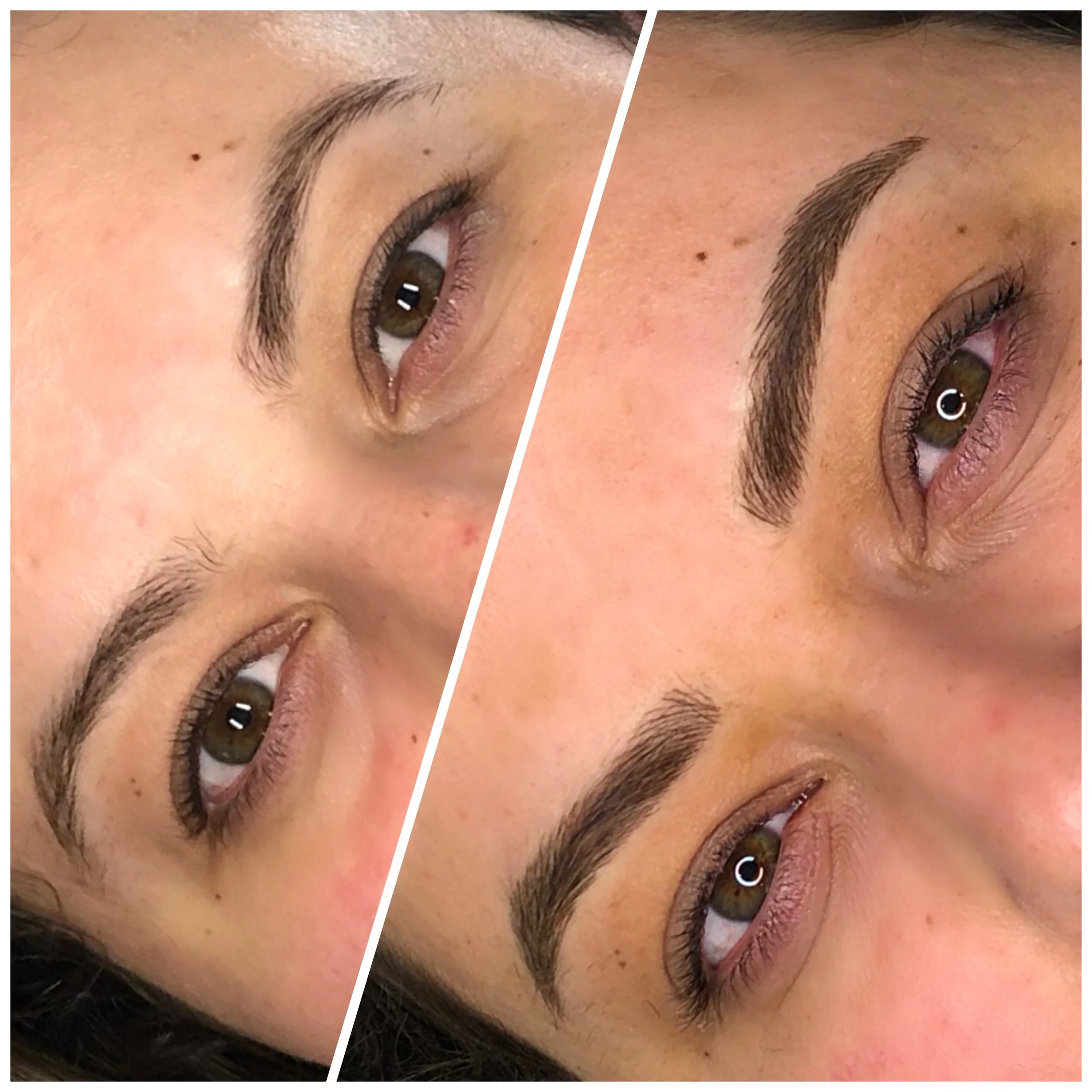 Close-up of a person's face showing before and after eyebrow microblading.