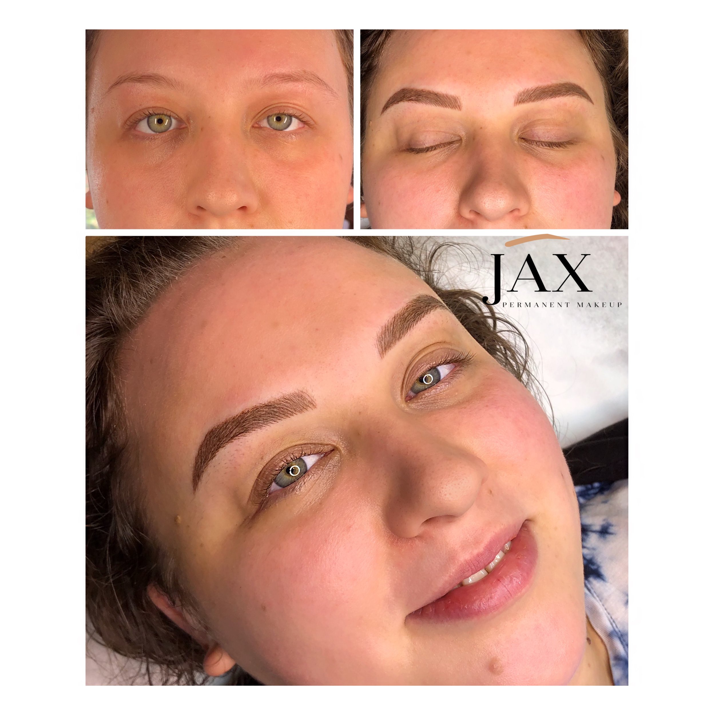 Before and after photos of a woman showing her eyebrows, with a close-up of her face in the bottom photo highlighting her new eyebrow makeup from JAX Permanent Makeup.