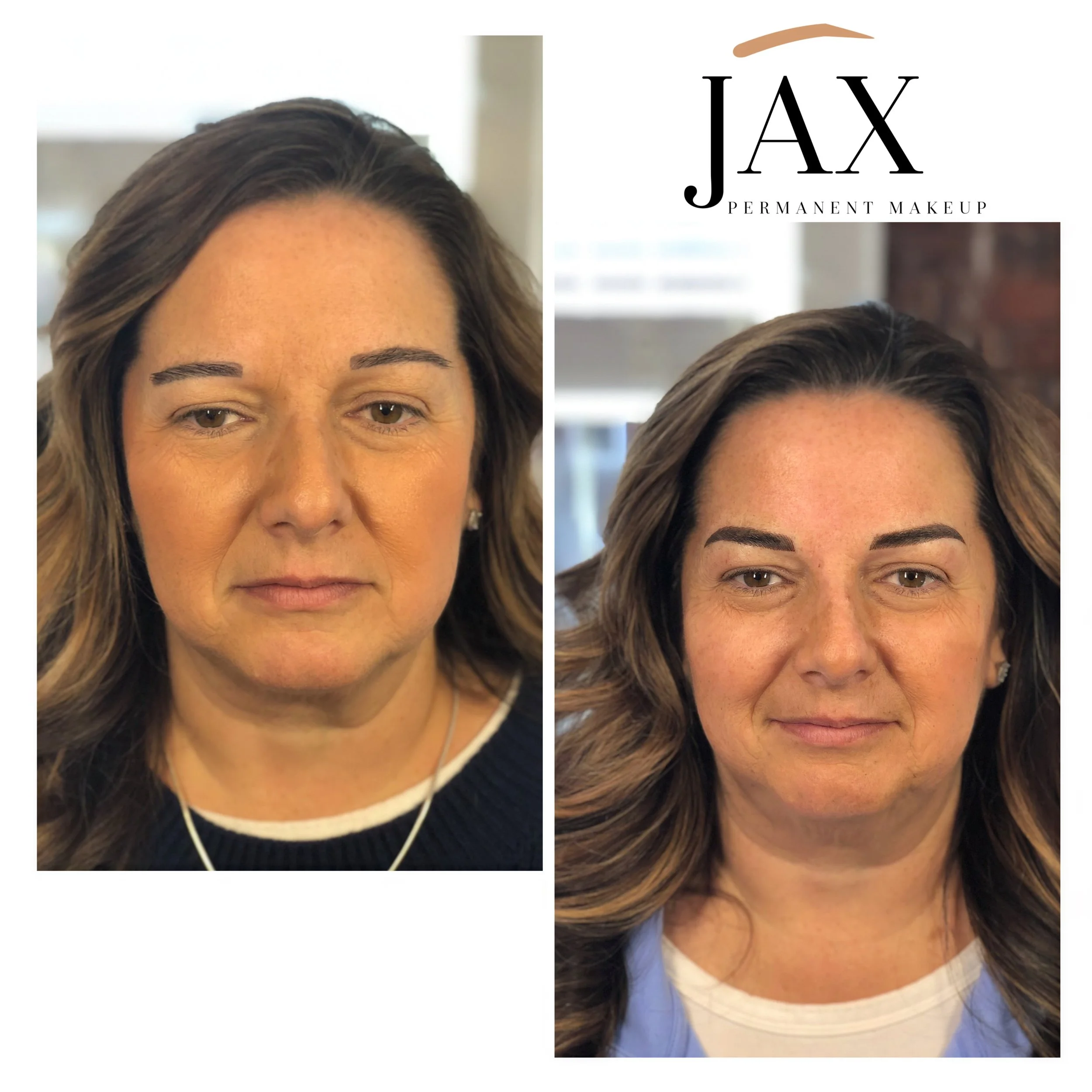 Before and after photos of a woman showcasing permanent makeup on her eyebrows and lips, with the logo 'JAX Permanent Makeup' at the top right.