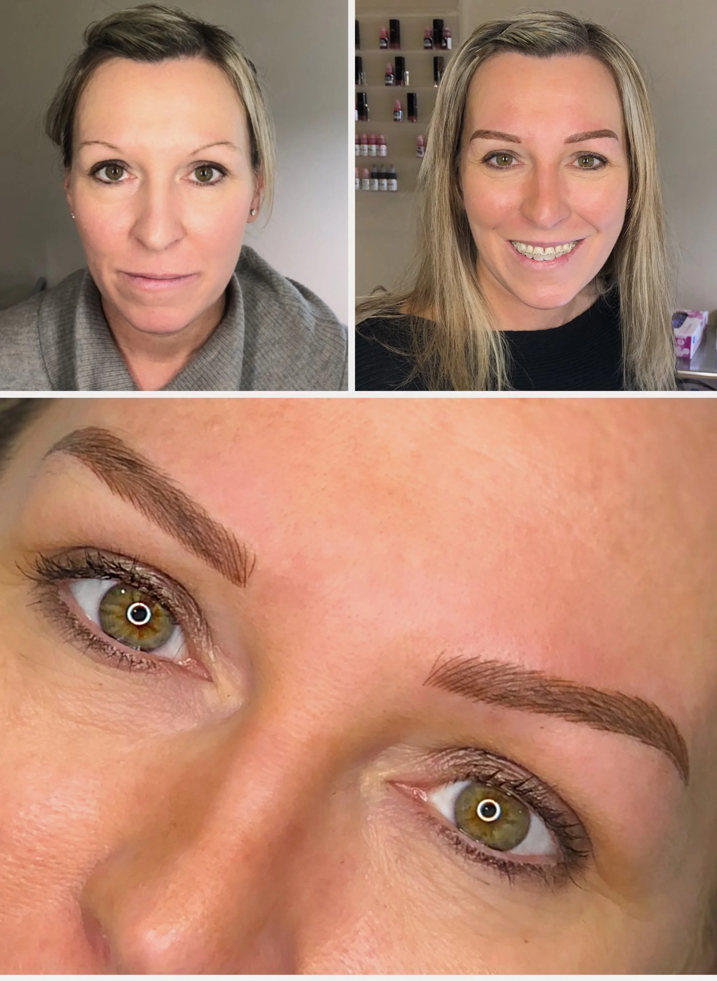 Before and after photos of a woman showcasing eyebrow cosmetic enhancements, with a close-up of her eyebrows and eyes highlighting the transformation.