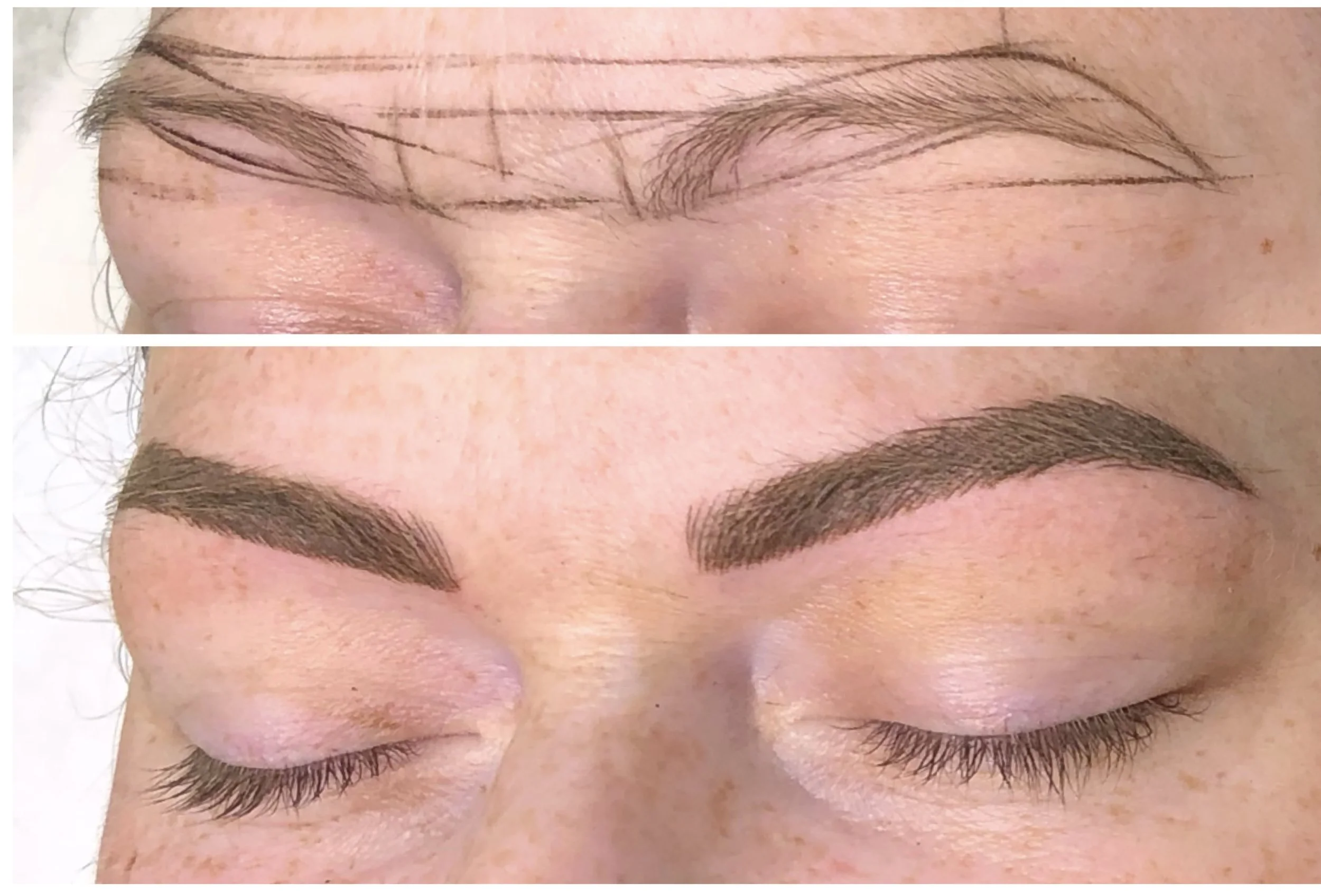 A comparison of eyebrows before and after cosmetic enhancement. The top part shows natural, sparse eyebrows with guiding pencil lines, and the bottom part shows fuller, well-shaped, and darker eyebrows with makeup or tattooing.