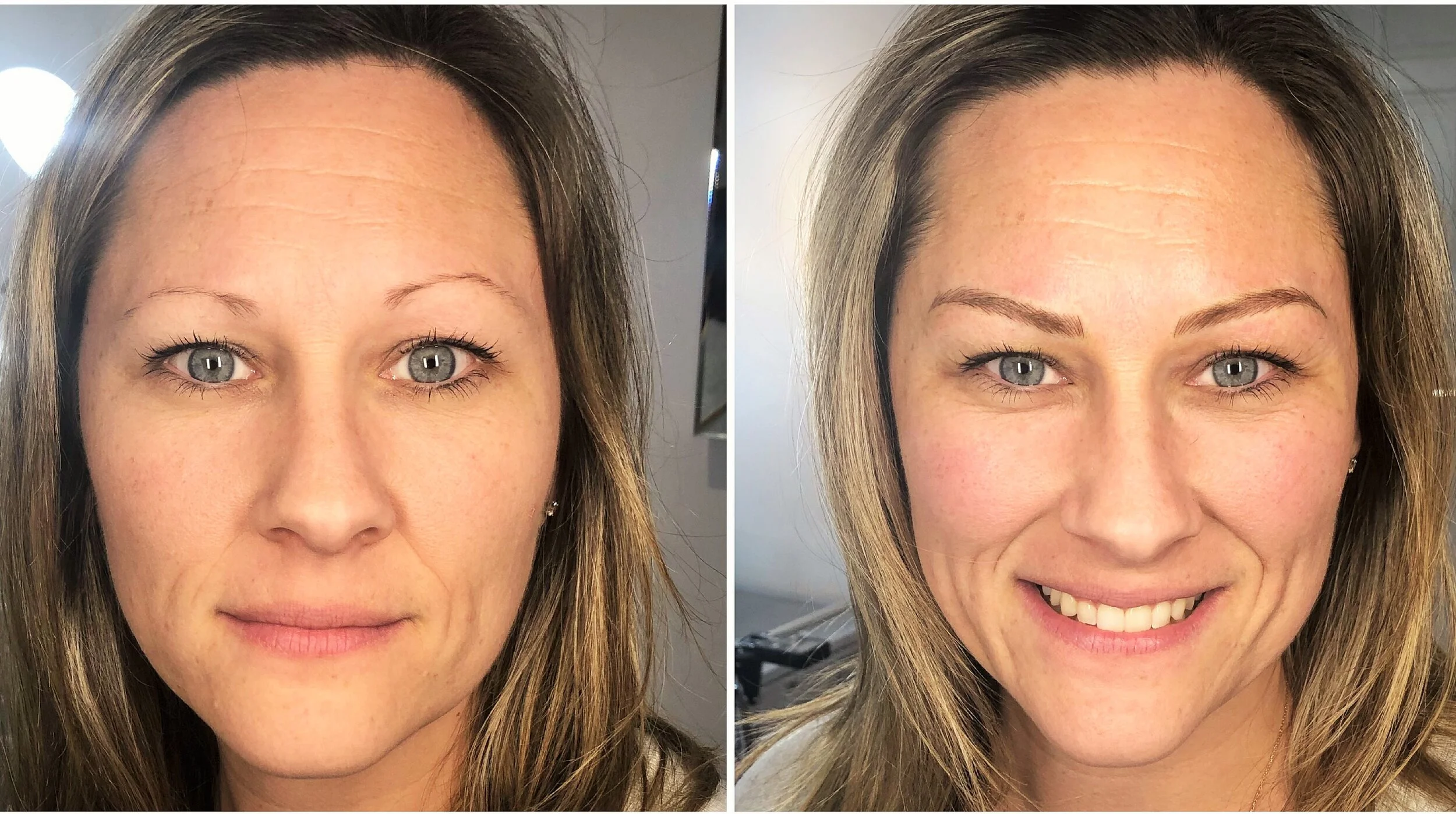 Side-by-side comparison of a woman's face before and after makeup application, showing changes in skin tone, eye makeup, and a smile in the after photo.