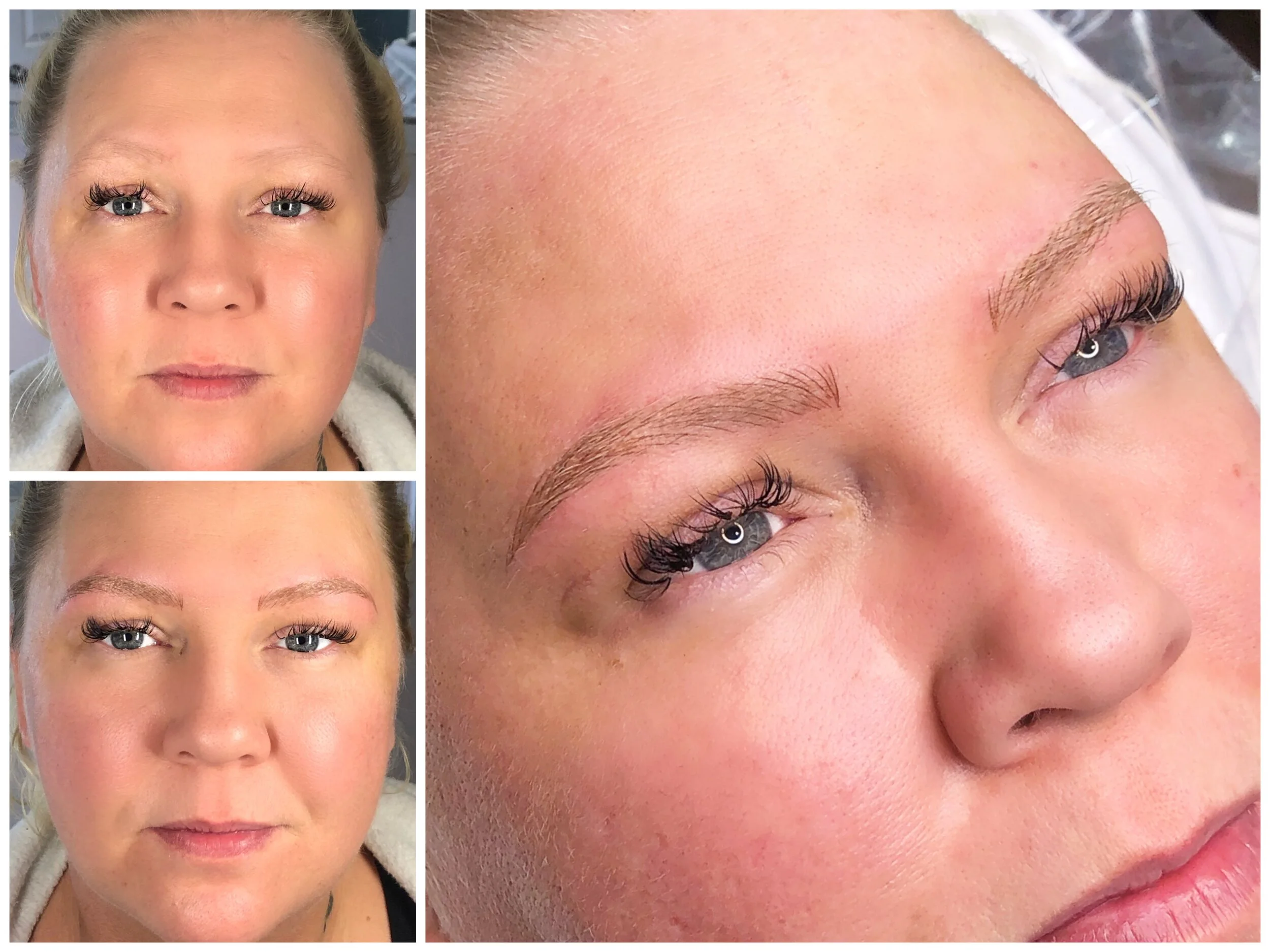 Close-up of a woman's face showing before and after images of eyelash extensions application.