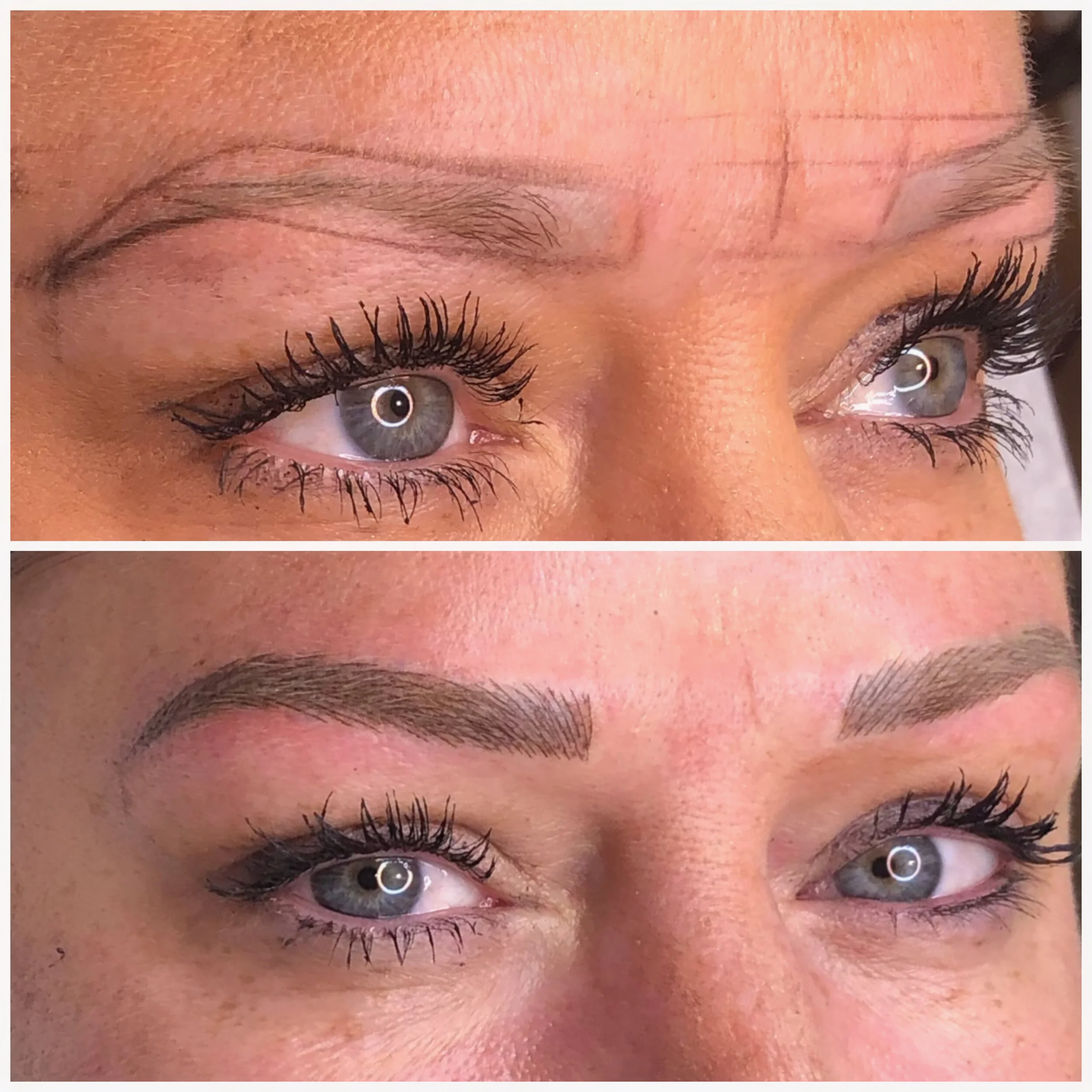 Comparison of eyes showing before and after eyelash and eyebrow enhancements, with the top image featuring natural eyebrows and eyelashes and the bottom image showcasing recently groomed eyebrows and enhanced eyelashes.