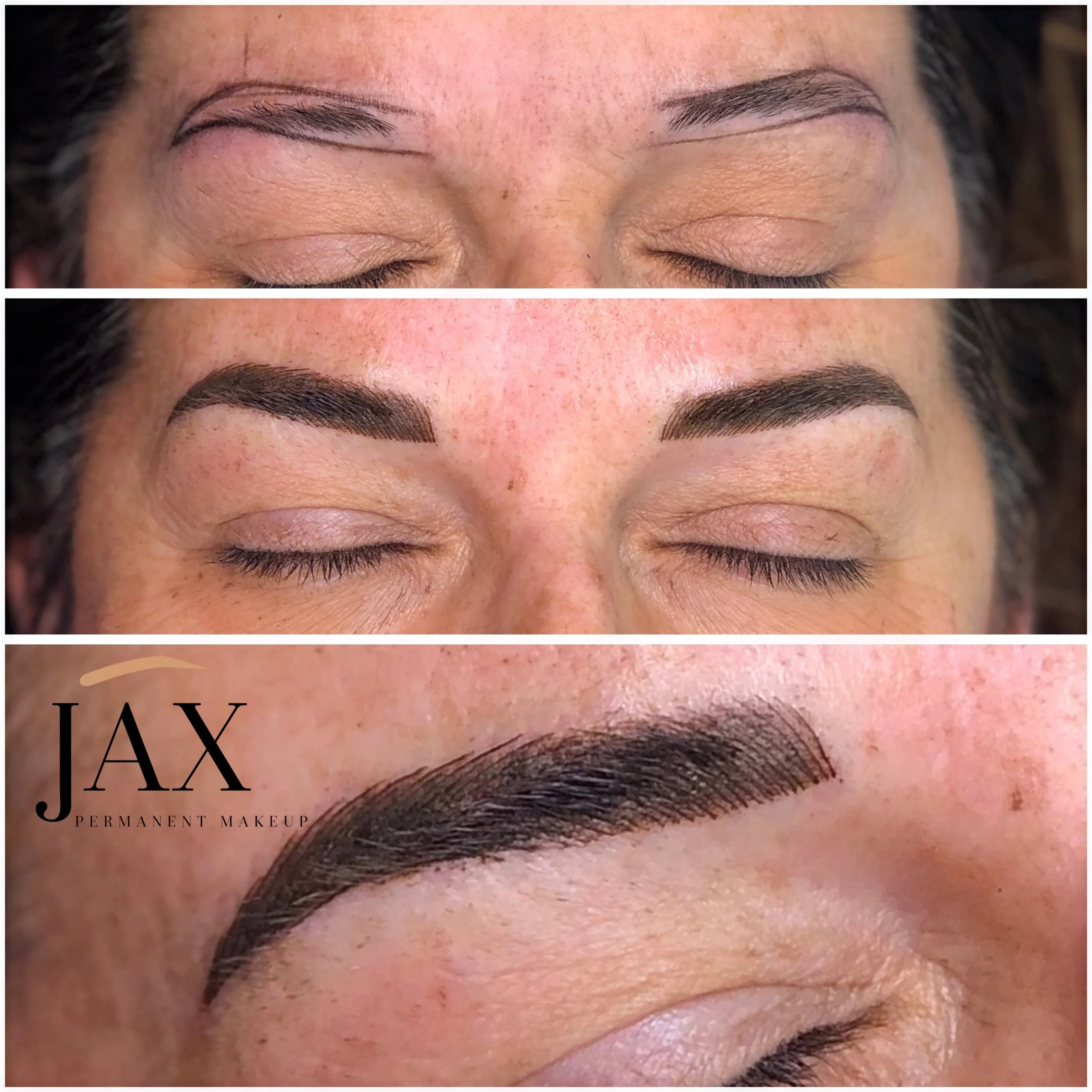 Close-up of a person's face showing the process of permanent eyebrow makeup. The top image shows natural, sparse eyebrows with closed eyes. The middle image displays freshly tattooed, well-defined, dark eyebrows. The bottom image presents a close-up 