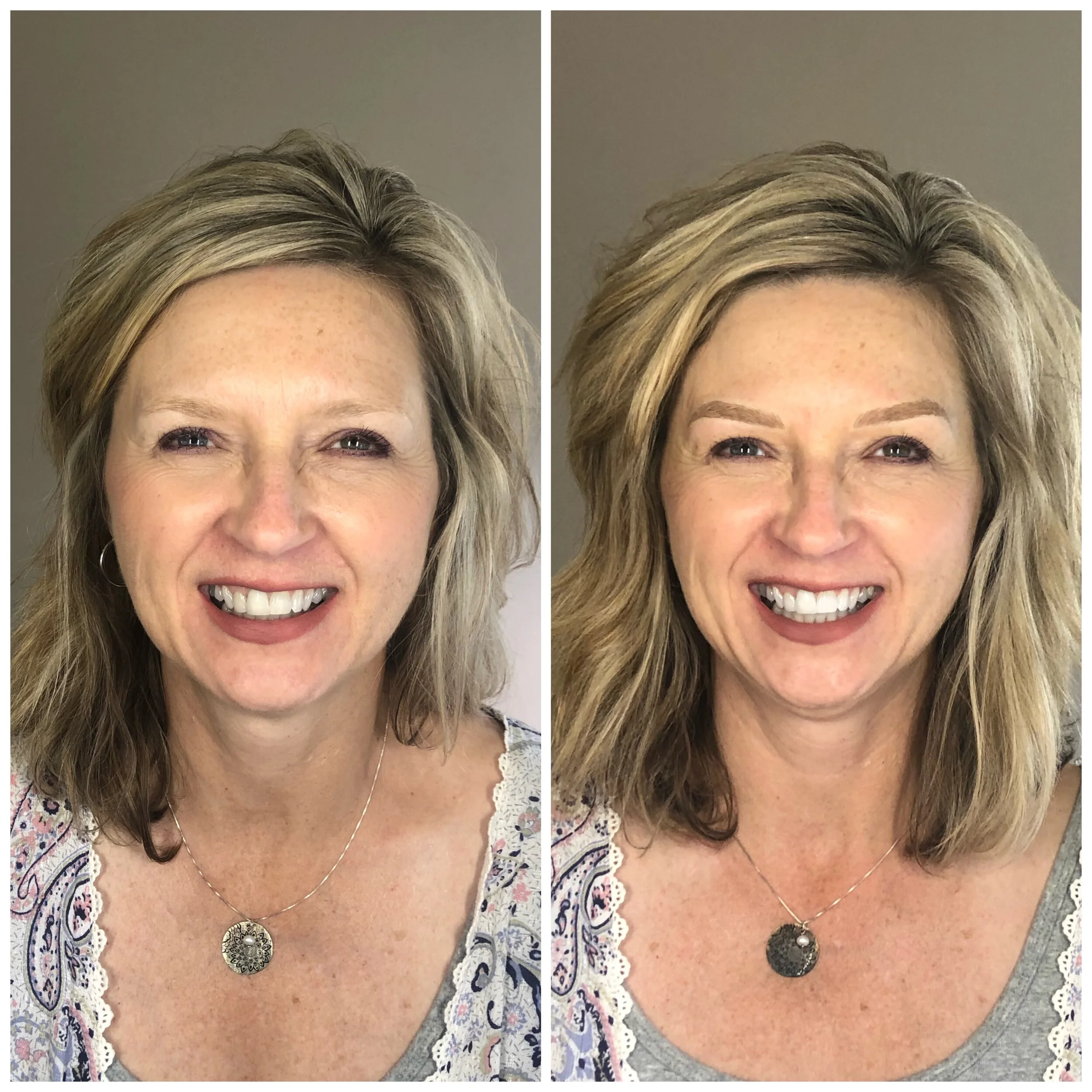 Side-by-side comparison of a woman smiling, showing a change in facial appearance, with the left portrait having makeup and the right showing a natural look.