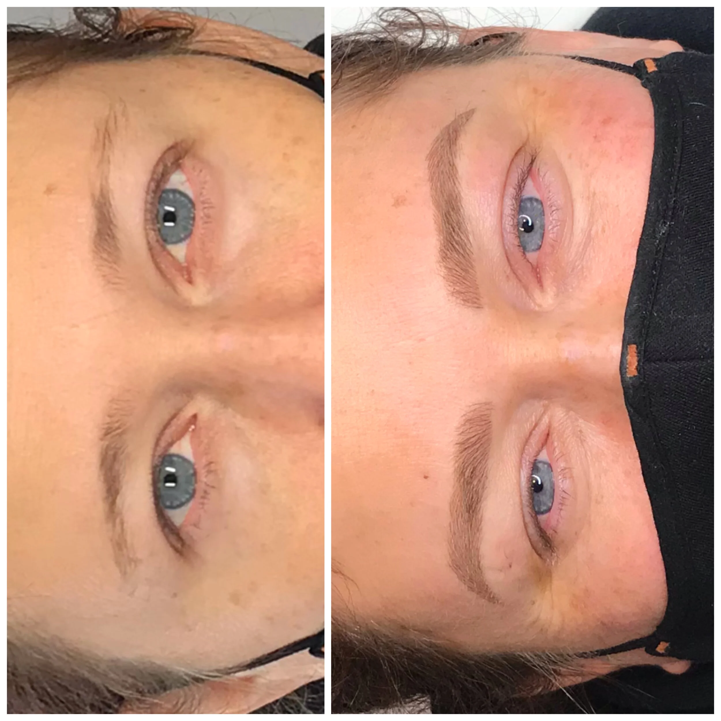Close-up of a woman's face before and after eyebrow grooming, with the after image showing well-shaped eyebrows and smooth skin.