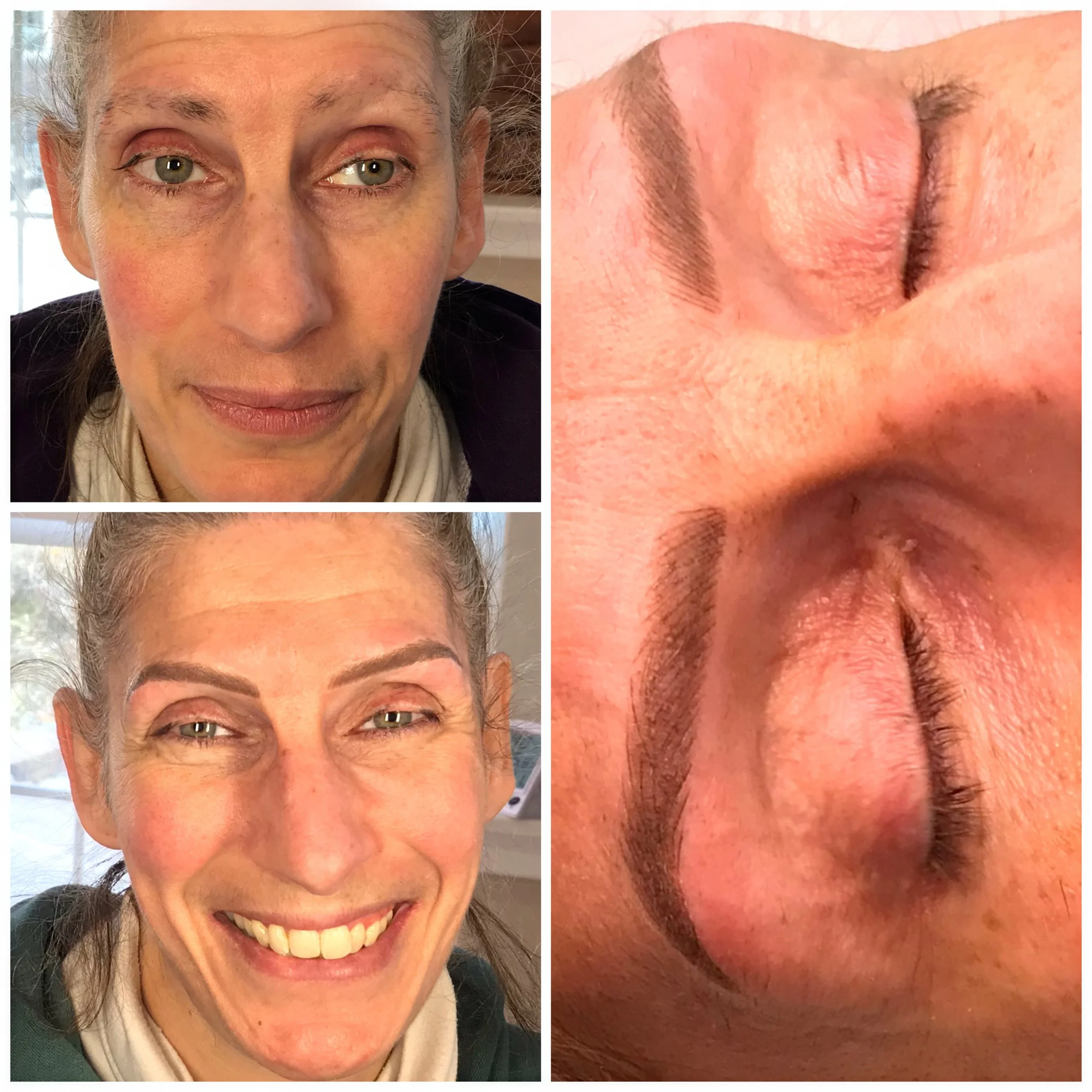 Comparison of a woman's face before and after cosmetic tattooing of her eyebrows, showing improved eyebrow shape and fullness.