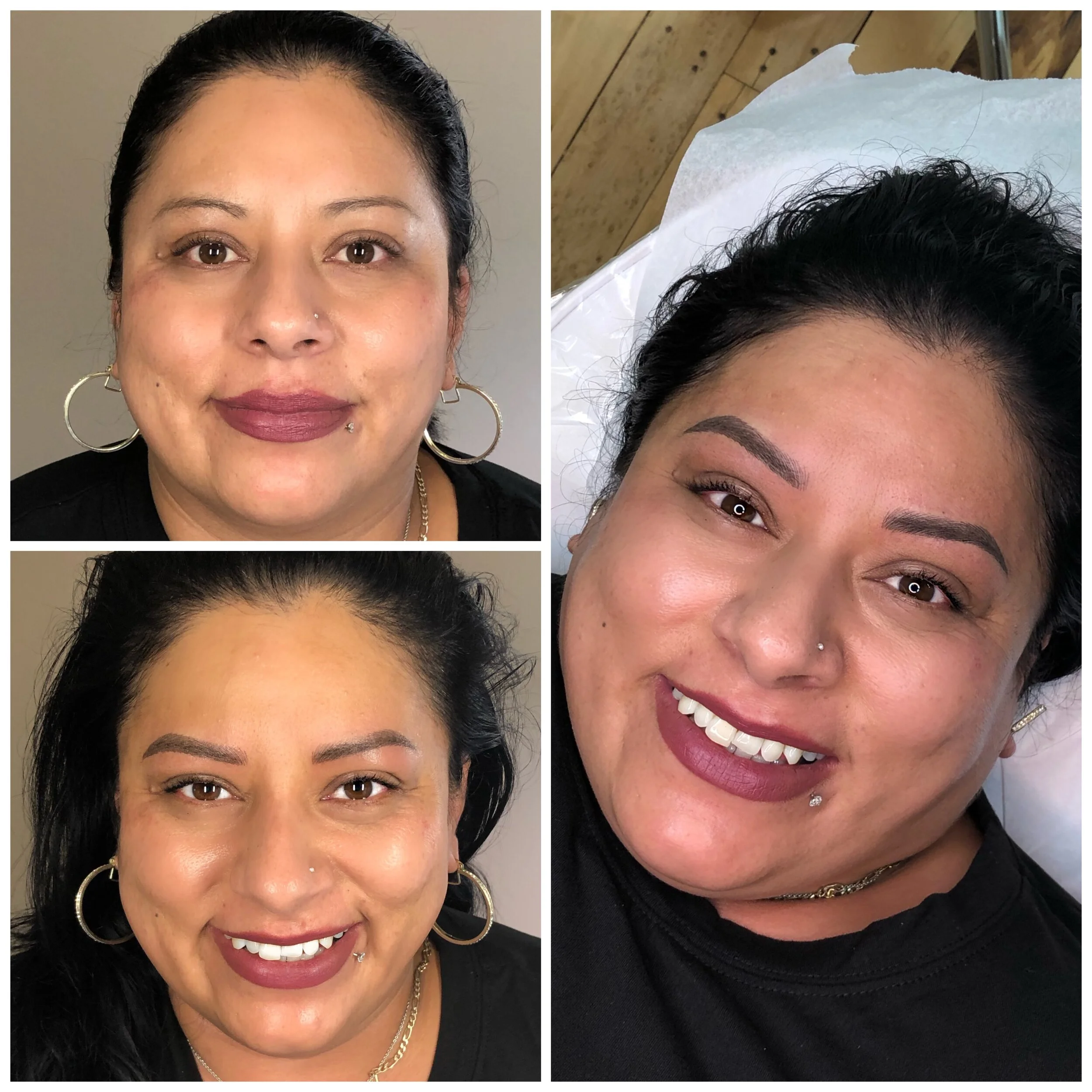 A collage of three photos showing a woman after a cosmetic procedure. The top left photo shows her before, with natural makeup and a slight smile. The bottom left shows her after, with fuller eyebrows, more defined makeup, and a big smile. The right 