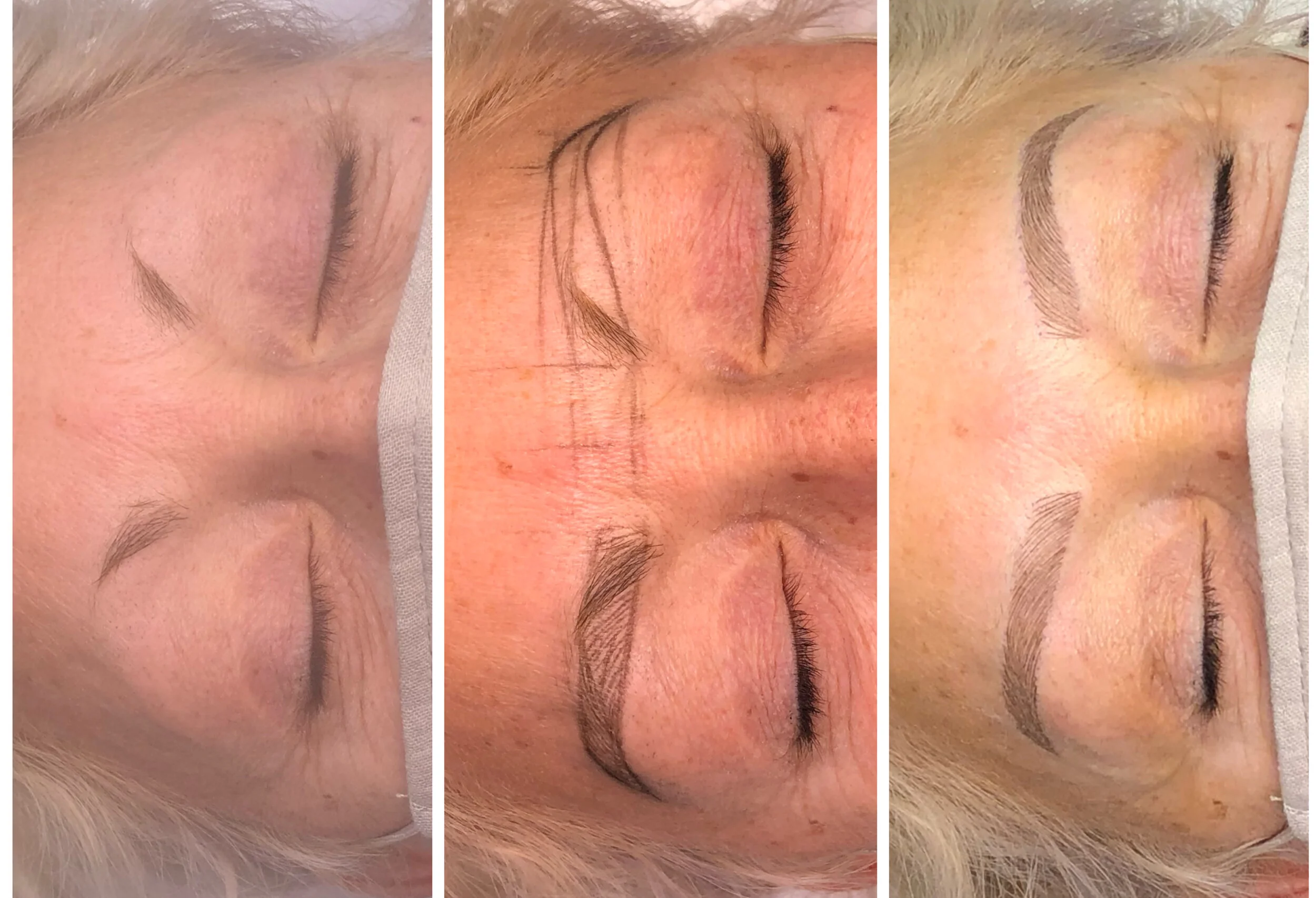 Sequence of three images showing a woman's forehead, eyebrows, and upper face. The first image shows her natural eyebrows, the second image shows her with outlined eyebrows and precise hair strokes, and the third image shows her with completed, enhan