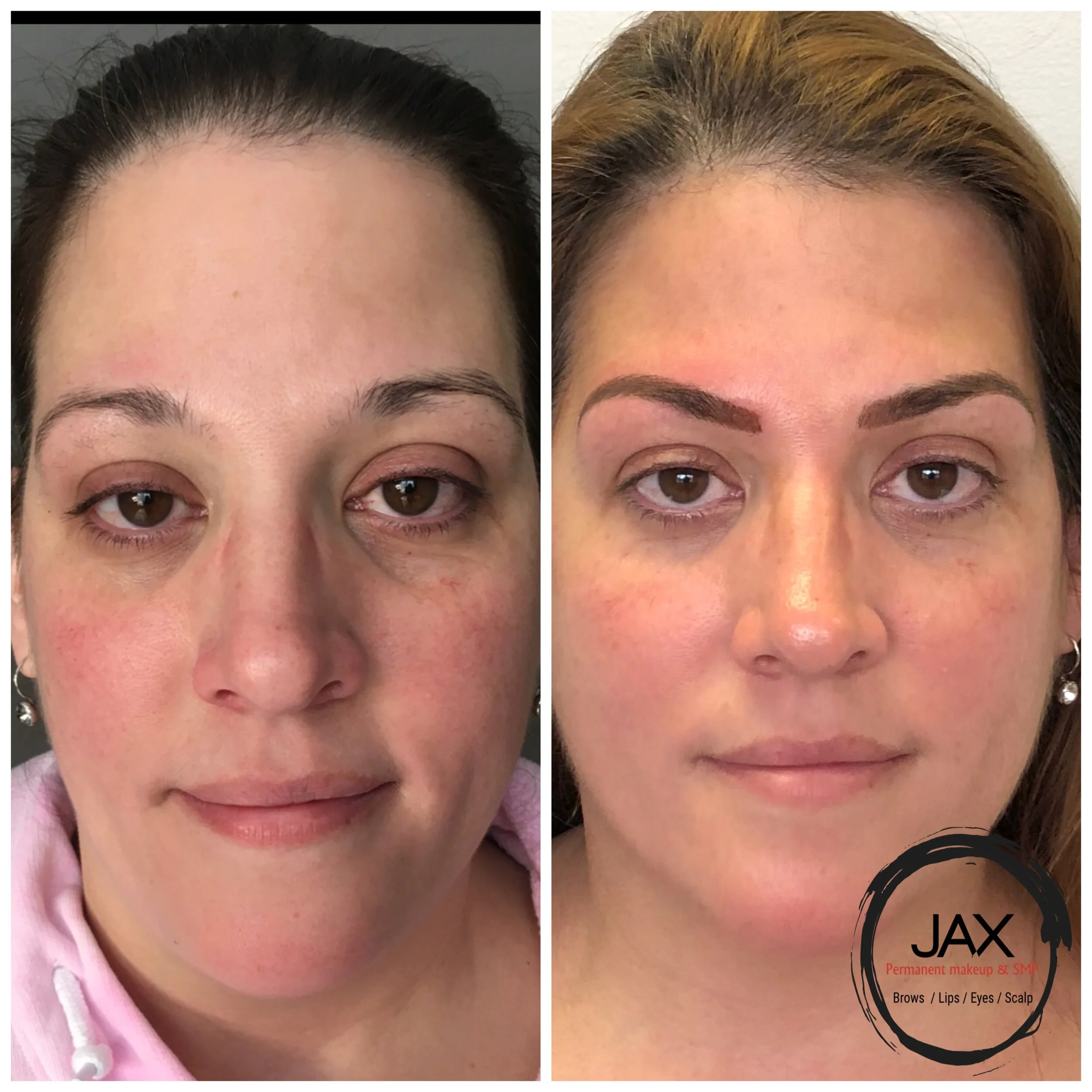 Before and after photos of a woman's face demonstrating eyebrow microblading, with the after photo showing defined and filled-in eyebrows.