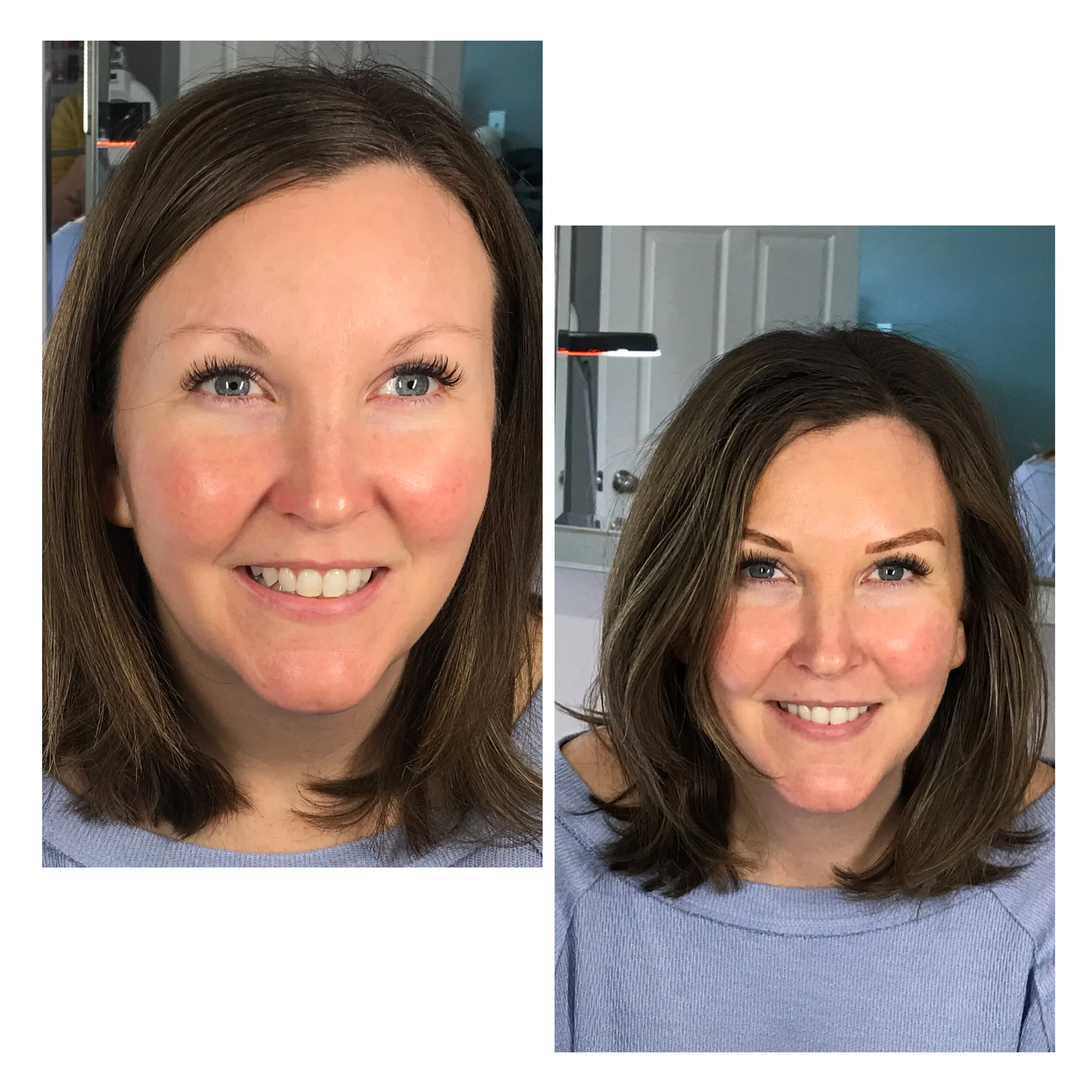 Side-by-side comparison of a woman before and after a hairstyle change, showing her with straight hair on the left and wavy hair on the right, both wearing a light purple top.