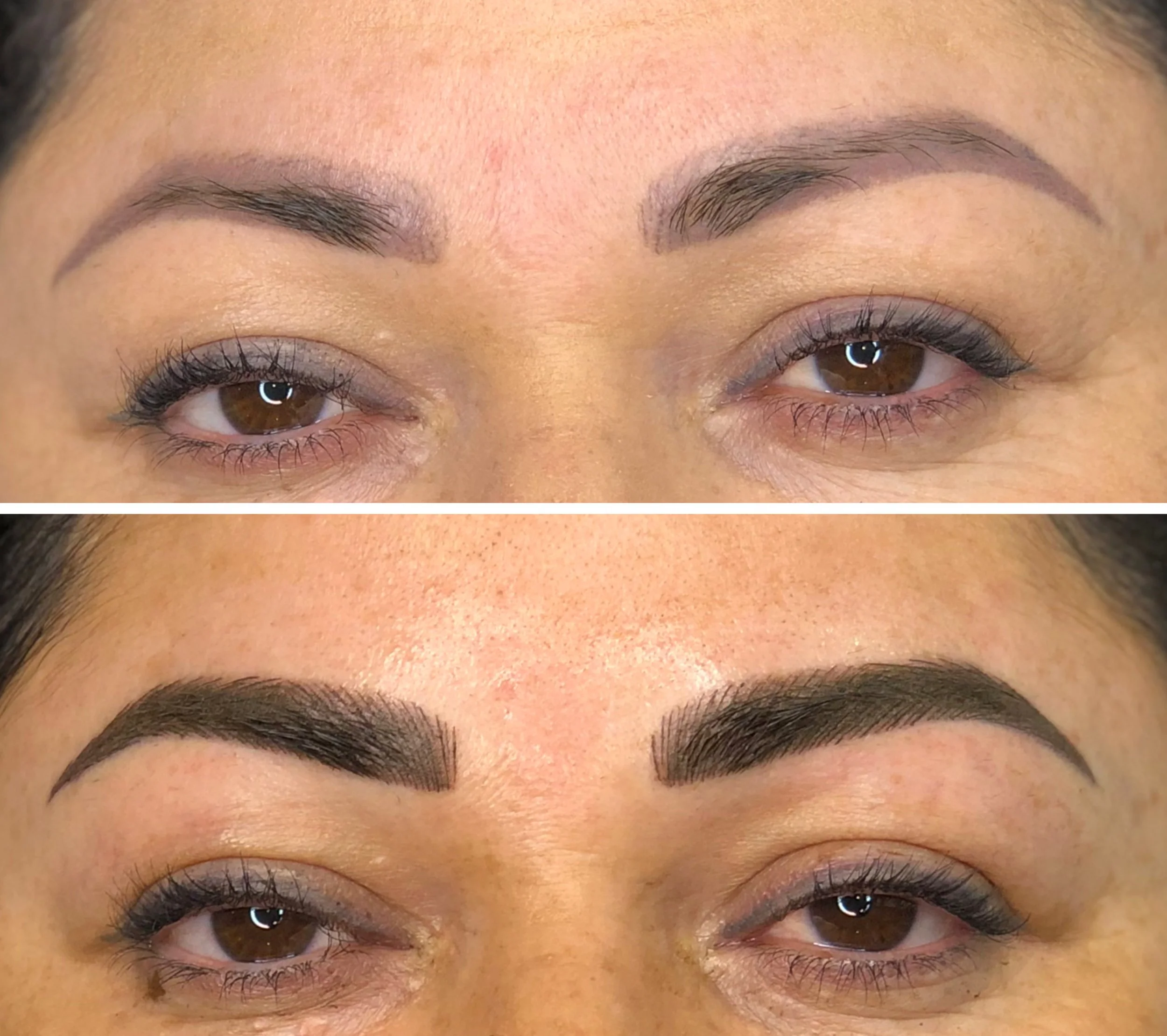 Close-up of a person's eyes and eyebrows, showing a before and after comparison of eyebrow grooming or makeup application.