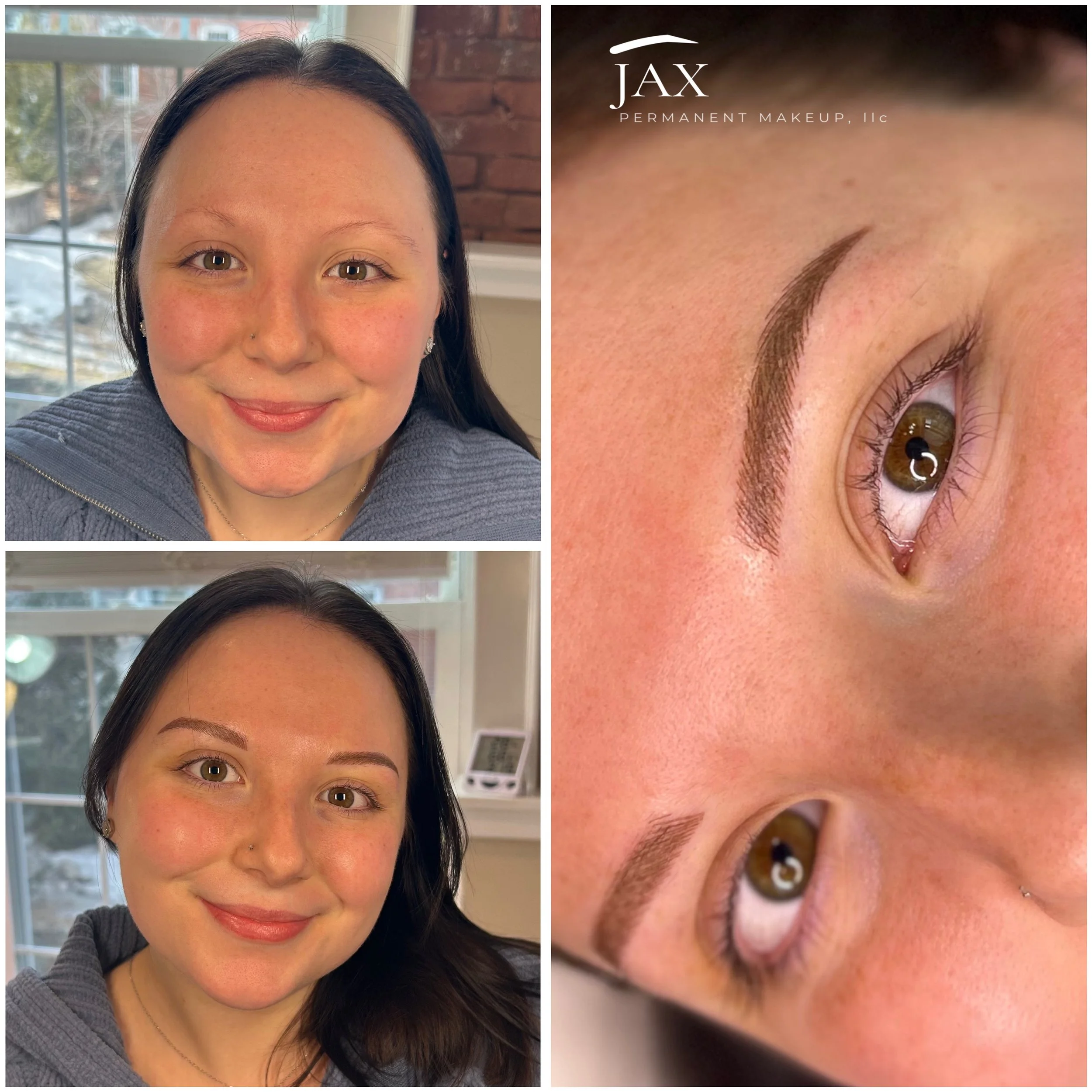 Before and after photos of a woman showing eyebrow microblading results. The photos display her natural face and close-up views of her well-defined, filled-in eyebrows.