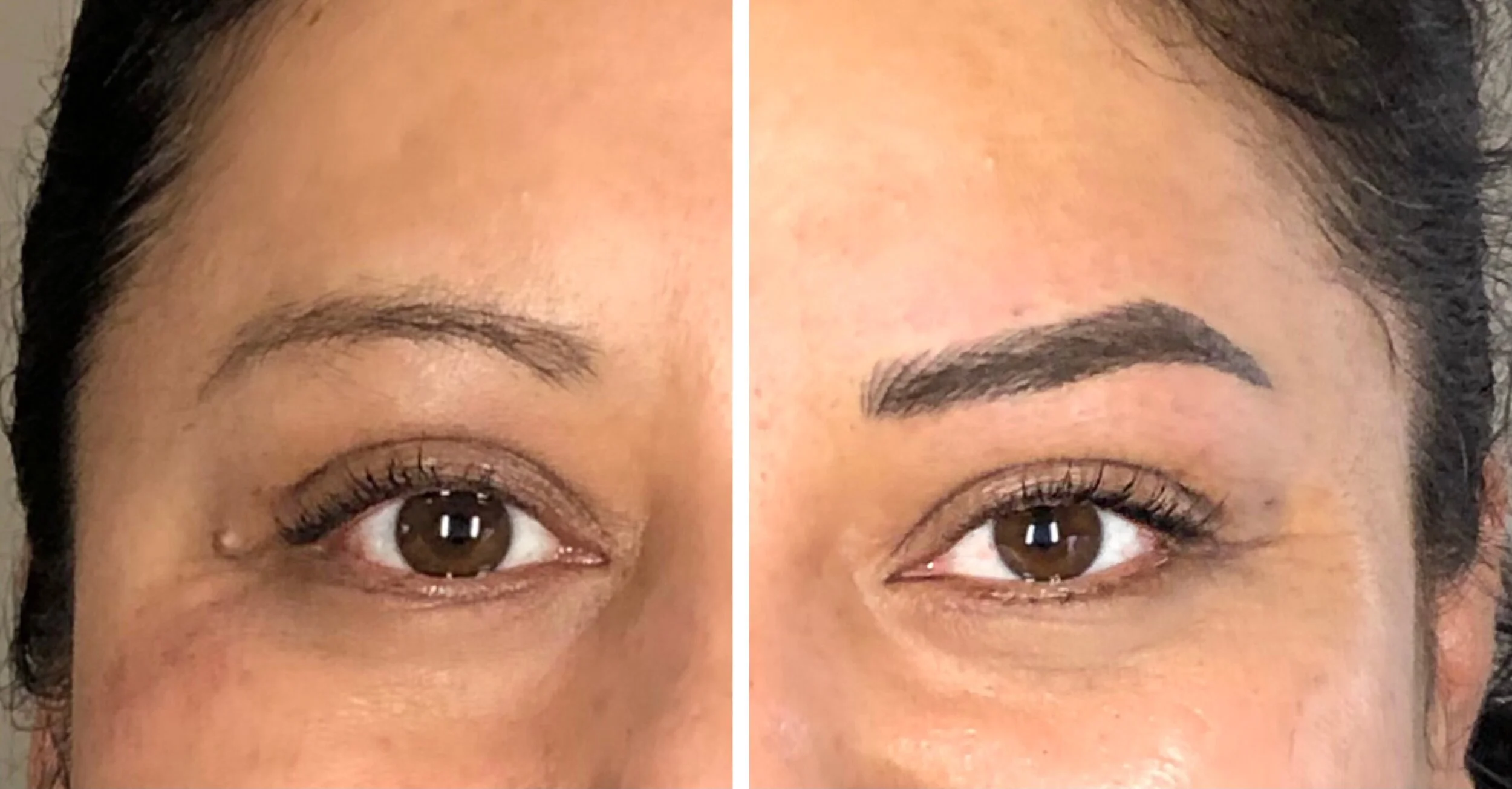 Comparison of a woman's eye and eyebrow, showing a before and after of eyebrow enhancement or makeup application.
