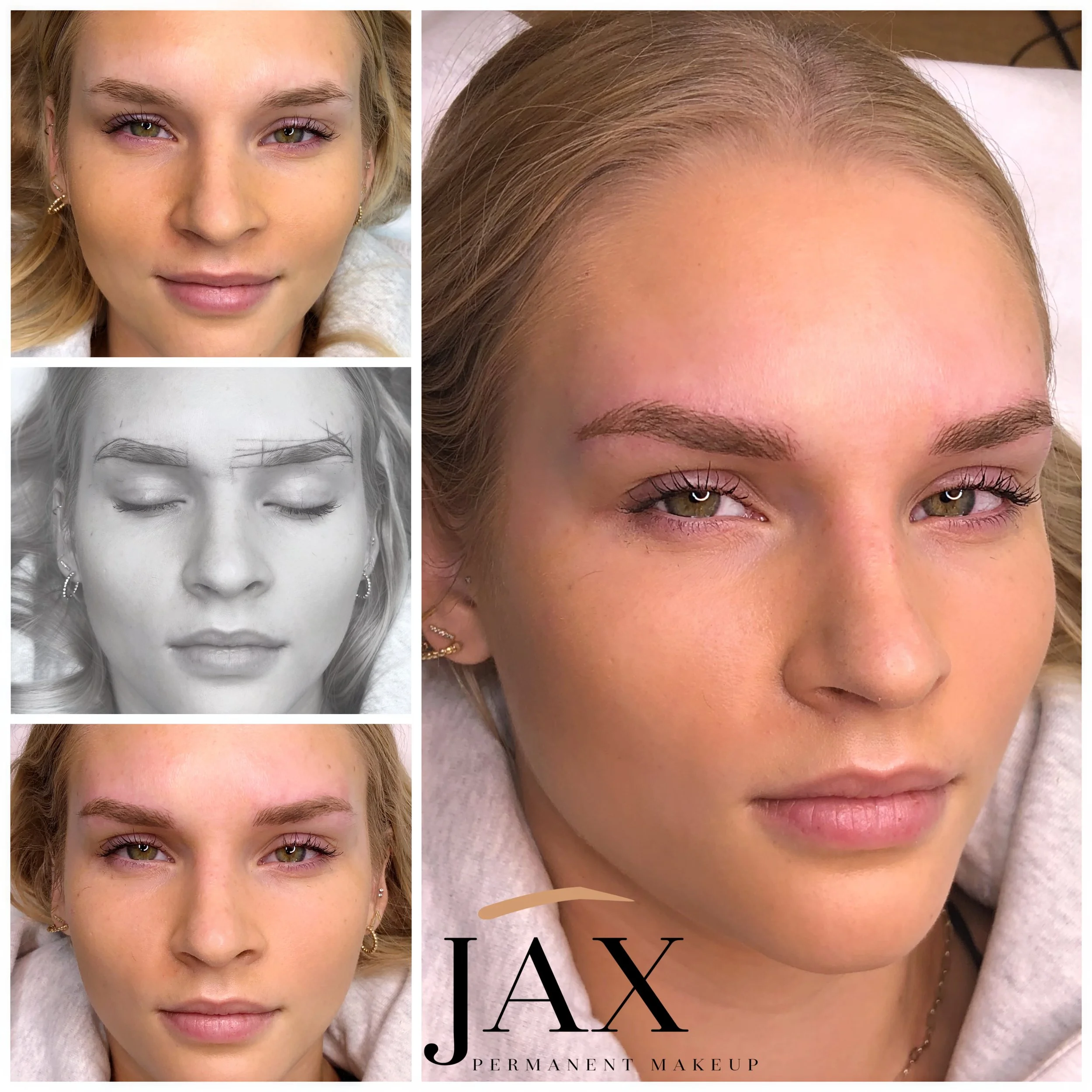 A collage showing the before, during, and after images of a woman receiving permanent makeup, highlighting her eyebrows. The large right-side image features her face with well-defined eyebrows, clear skin, and light makeup, after the procedure. The t