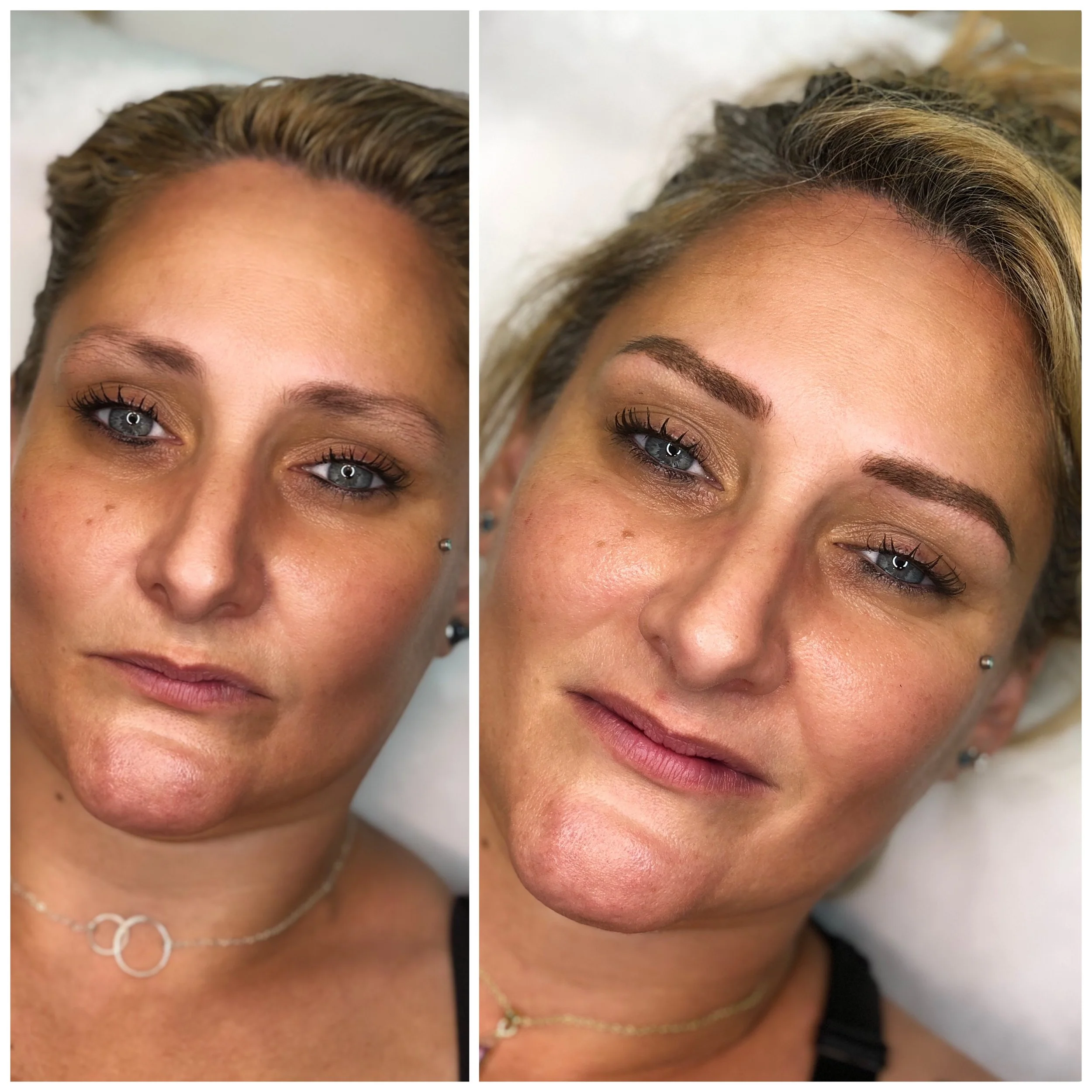 Before and after images of a woman showcasing eyebrow enhancement, with the left side showing natural eyebrows and the right side displaying digitally enhanced or tattooed eyebrows.