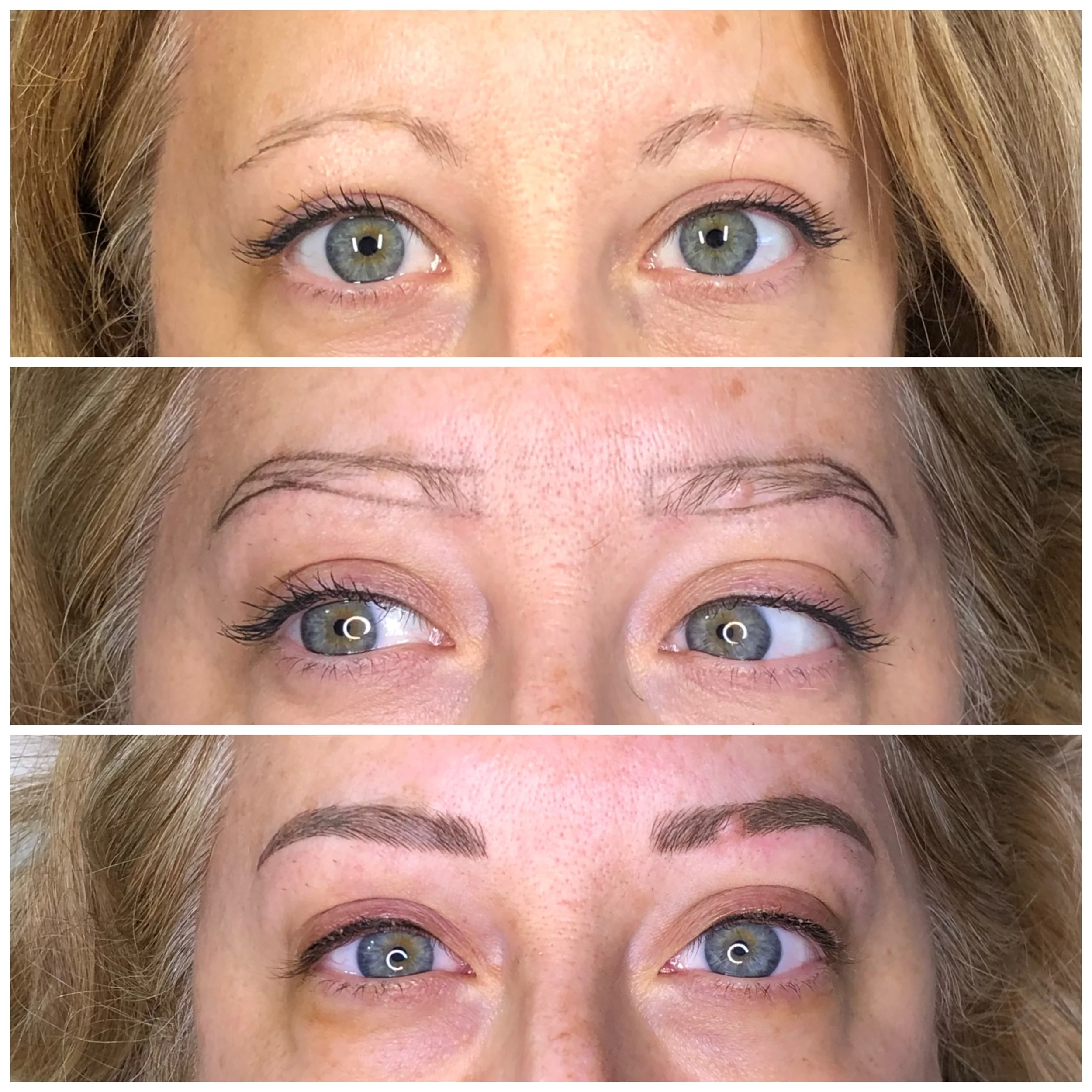 A woman undergoing a cosmetic procedure on her eyebrows, shown in three stages: natural eyebrows, eyebrows with outline drawn, and eyebrows filled in and shaped.