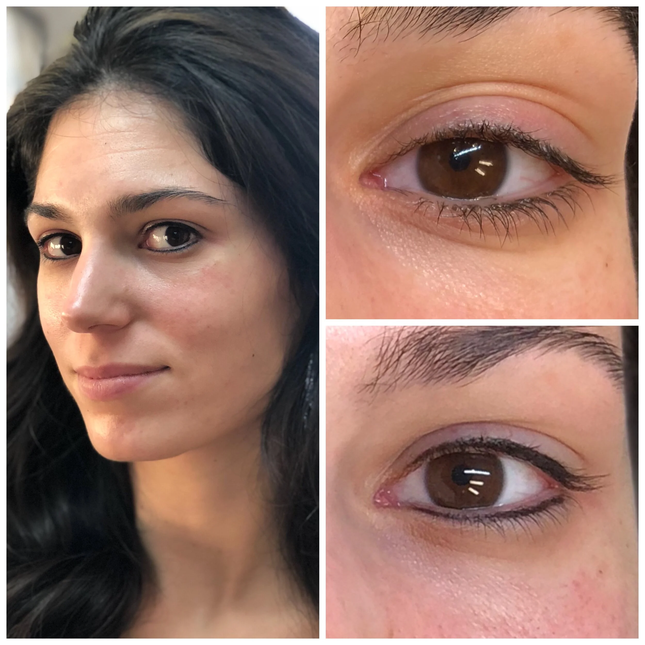 A woman with dark hair and brown eyes, shown in a portrait on the left. Close-up images of her eyes, one looking straight and the other looking to the side, displayed on the right.