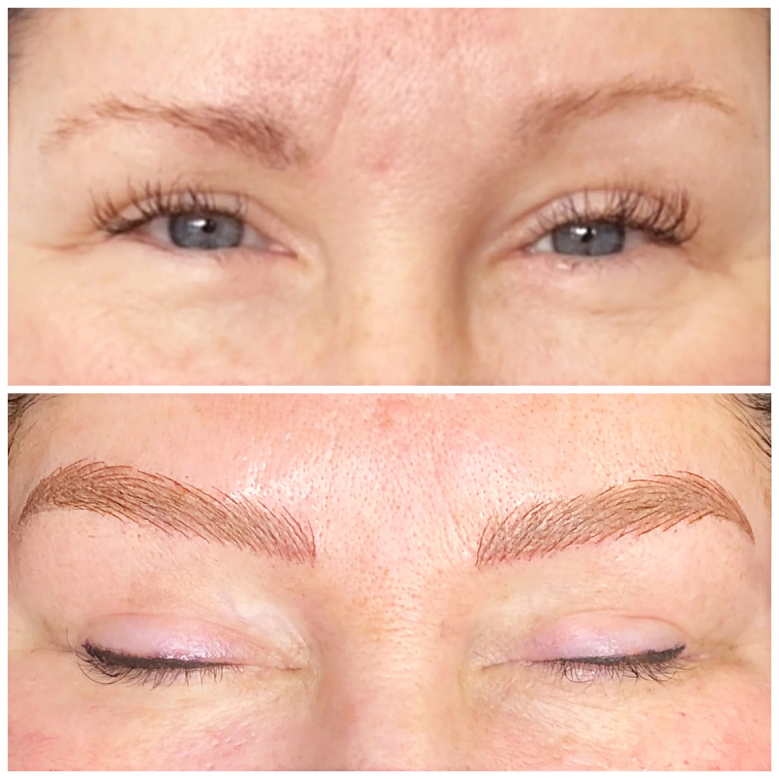 Close-up of a person's eyes and eyebrows before and after eyebrow grooming or tattooing, showing improved eyebrow appearance.
