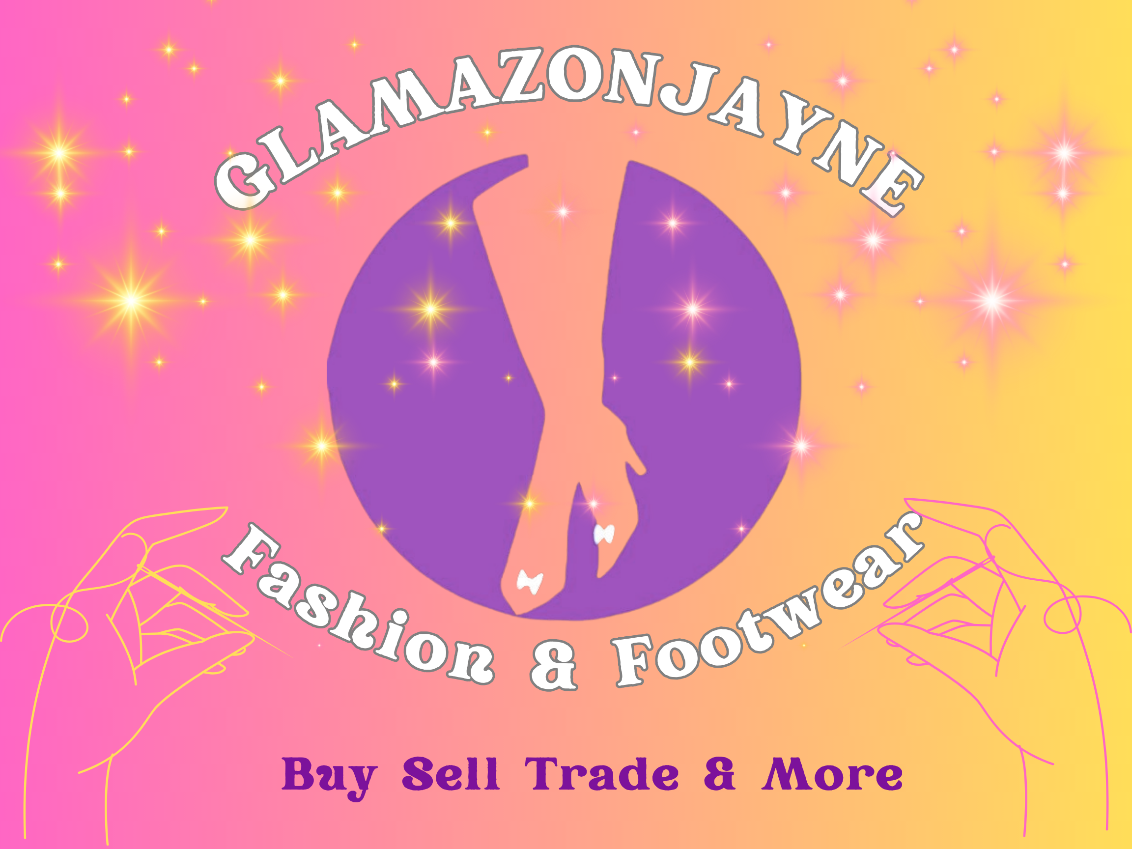 Pink and yellow background with glittering stars, a purple circular logo with two stylized hands and a shoe in the center, and text that reads 'GlamazonJaye Fashion & Footwear Buy Sell Trade & More'.