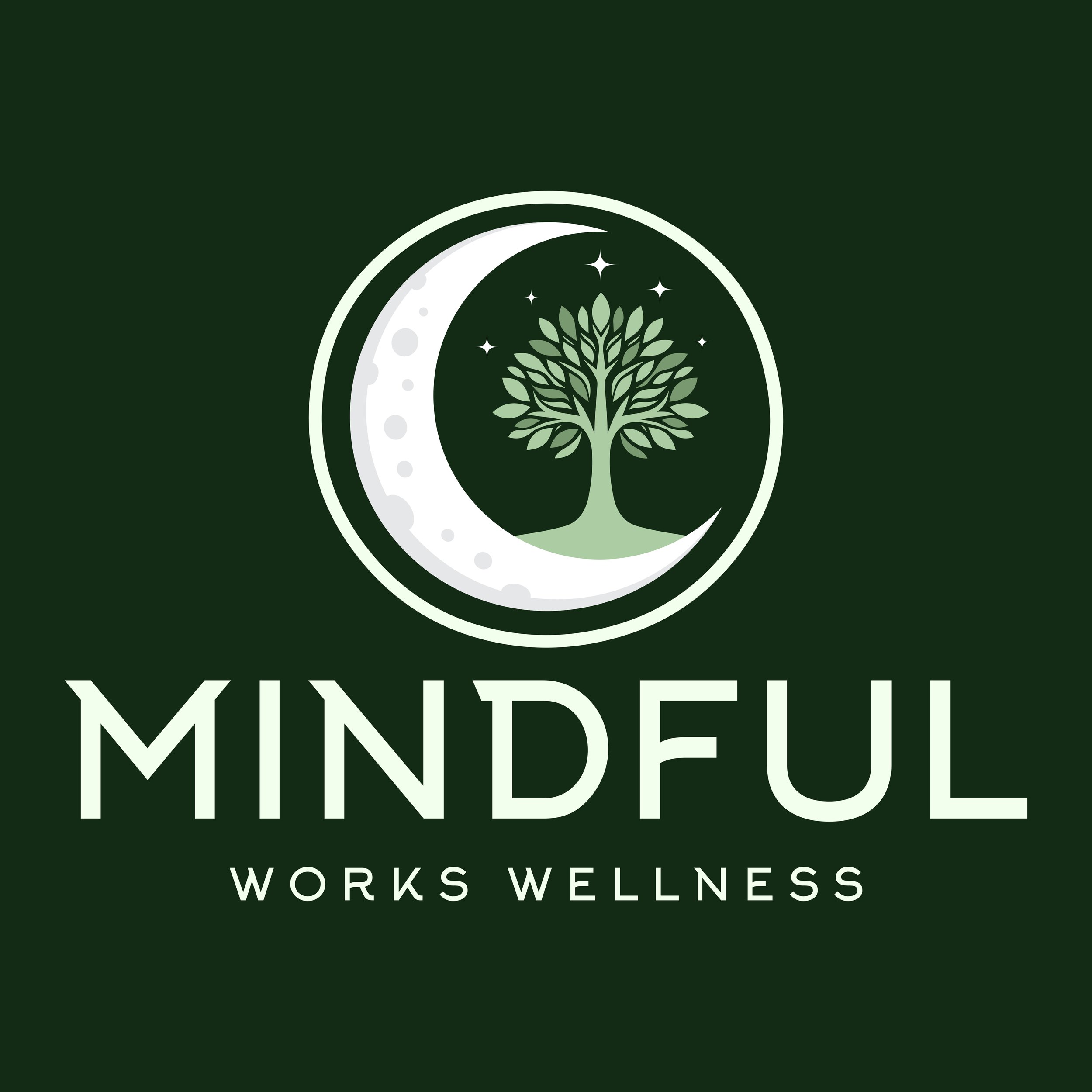 A logo for 'Mindful Works Wellness' featuring a white crescent moon and a green tree with stars around it on a dark green background.