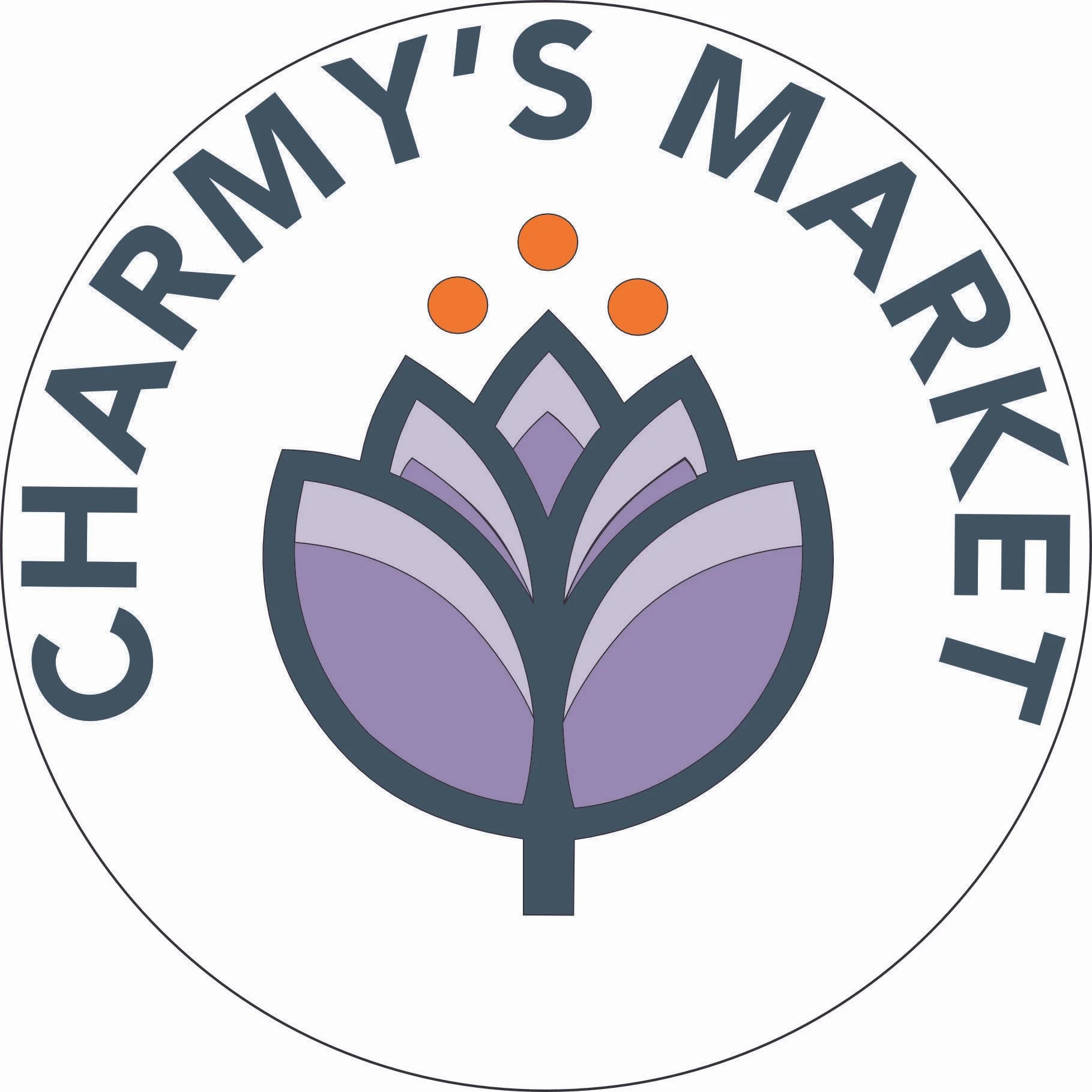 Logo with purple lotus flower in the center and the words 'CHHARMA'S MARKET' curved around it.