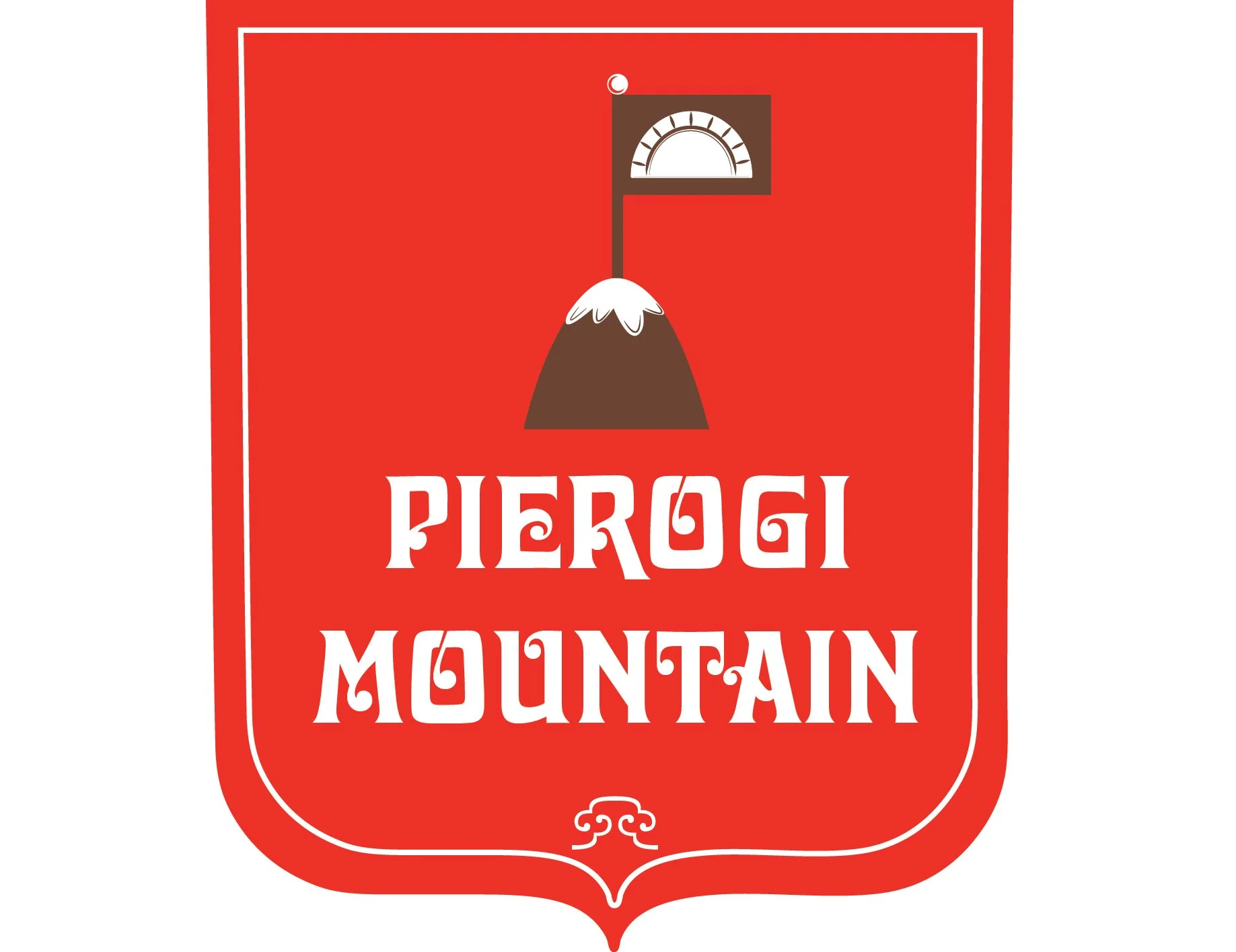 Illustrated sign with red background, depicting a mountain with snow at the peak, and a flag at the top. Text reads "Piero G Mountain" in stylized font, with a decorative border at the bottom.