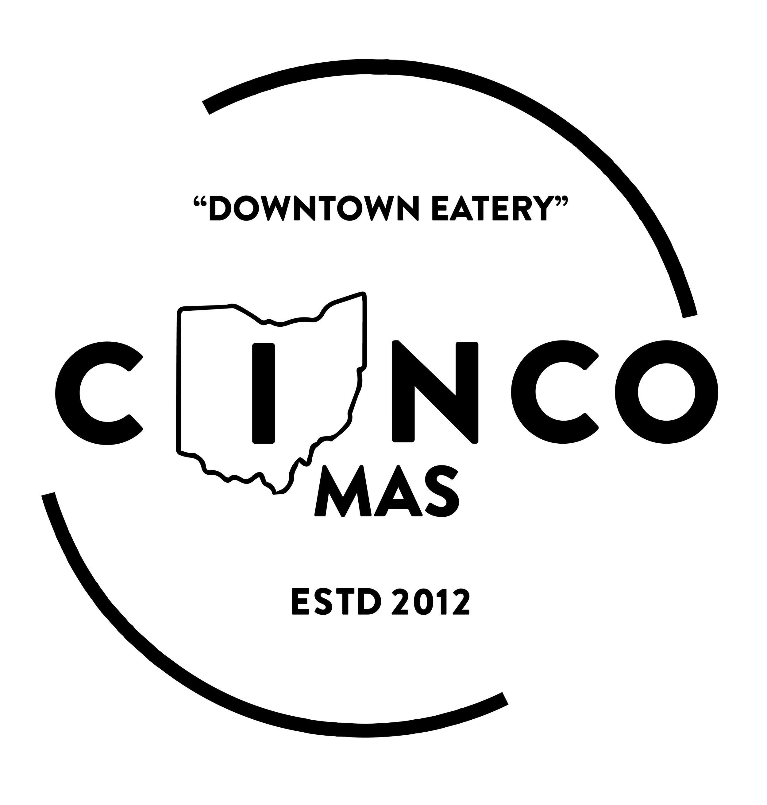 Black and white logo for 'Downtown Eatery' featuring the Ohio state outline with the word 'CINCO' inside, the 'O' replaced with the Ohio outline, and the text 'ESTD 2012' at the bottom.