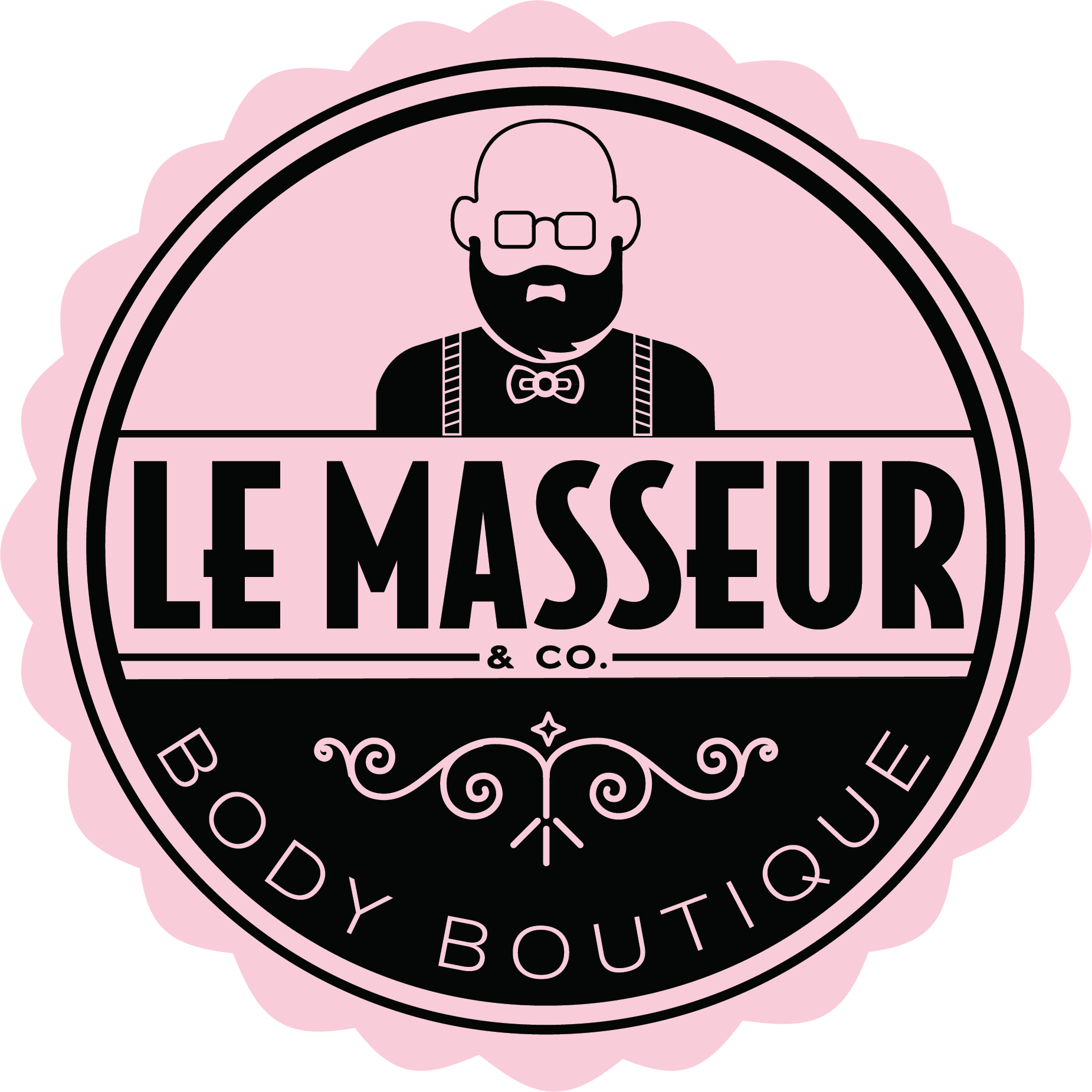 Logo for Le Masseur & Co, a body boutique, featuring a bald man with glasses, beard, bow tie, and suspenders.